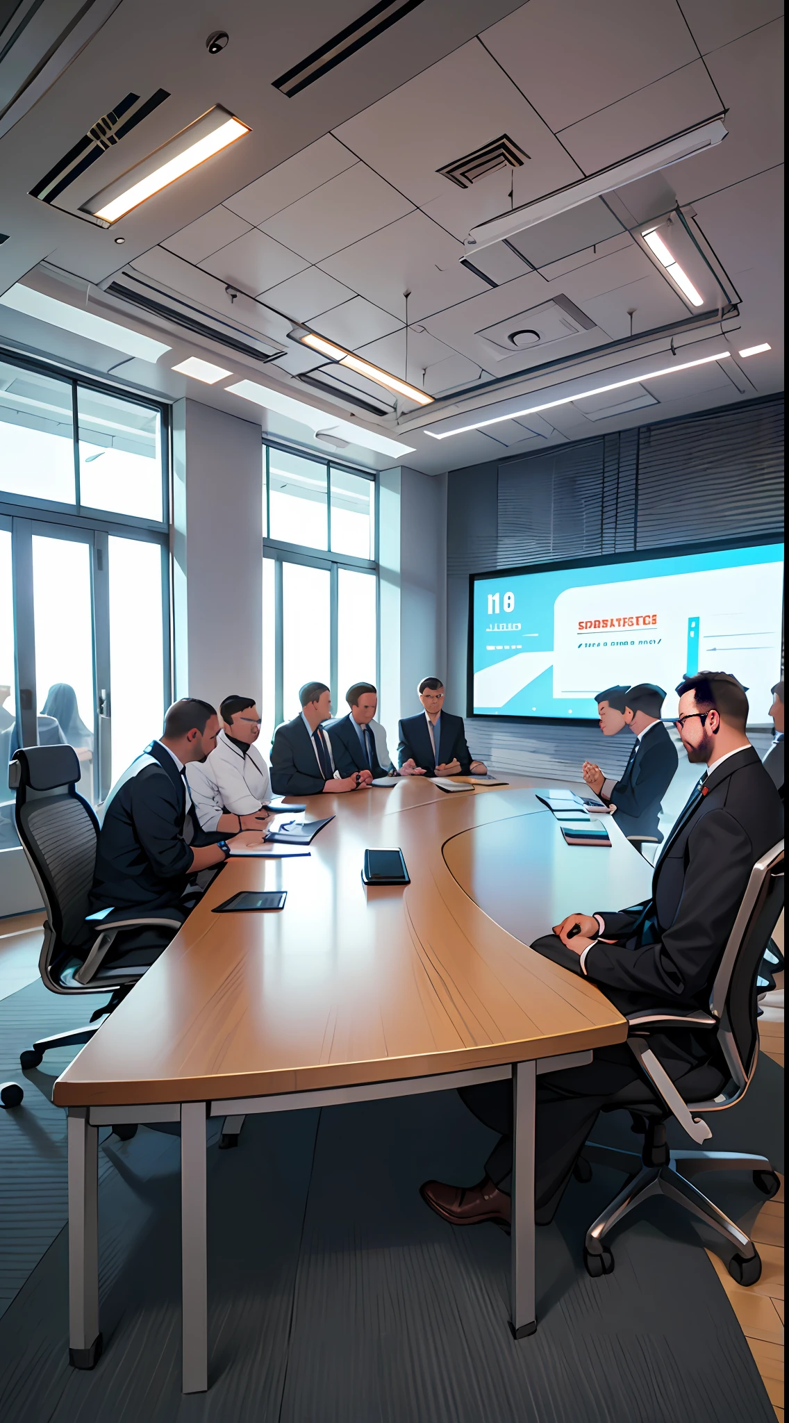A spacious and bright conference room,On the conference table(Sit full:1.2.)finish(More than 10 people:1.5),The boys were talking about it,, 8K, Super detail, ccurate, Best quality