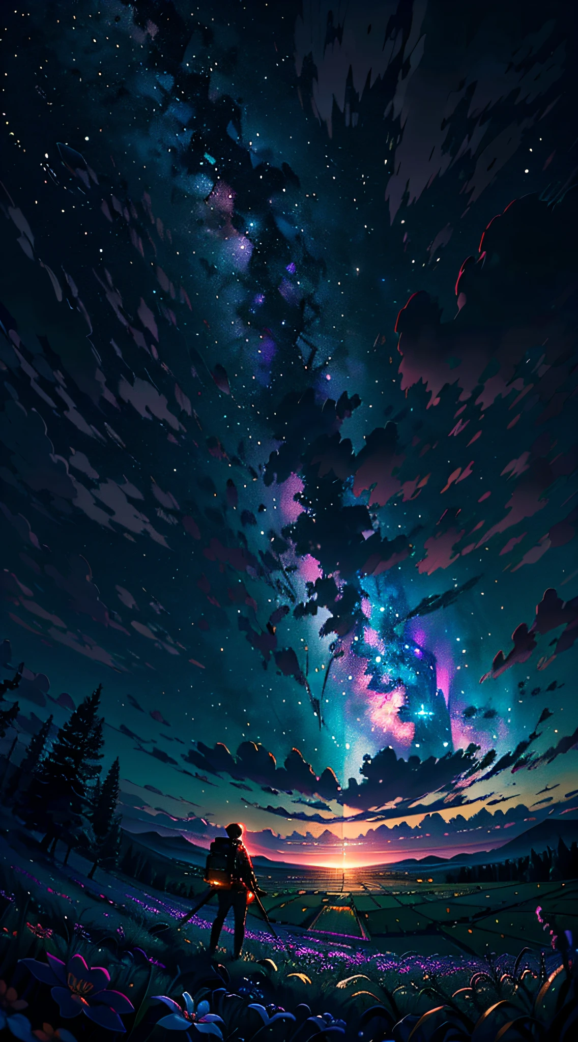 A wide landscape photo, (viewed from below, the sky is above, and the open field is below), a girl standing on a flower field looking up, (full moon: 1.2), (meteor: 0.9), (nebula: 1.3), distant mountains , Trees BREAK Crafting Art, (Warm Light: 1.2), (Firefly: 1.2), Lights, Lots of Purple and Orange, Intricate Details, Volumetric Lighting BREAK (Masterpiece: 1.2), (Best Quality), 4k, Ultra Detailed, (Dynamic Composition: 1.4), Rich in Detail and Color, (Rainbow Color: 1.2), (Glow, Atmospheric Lighting), Dreamy, Magical, (Solo: 1.2)