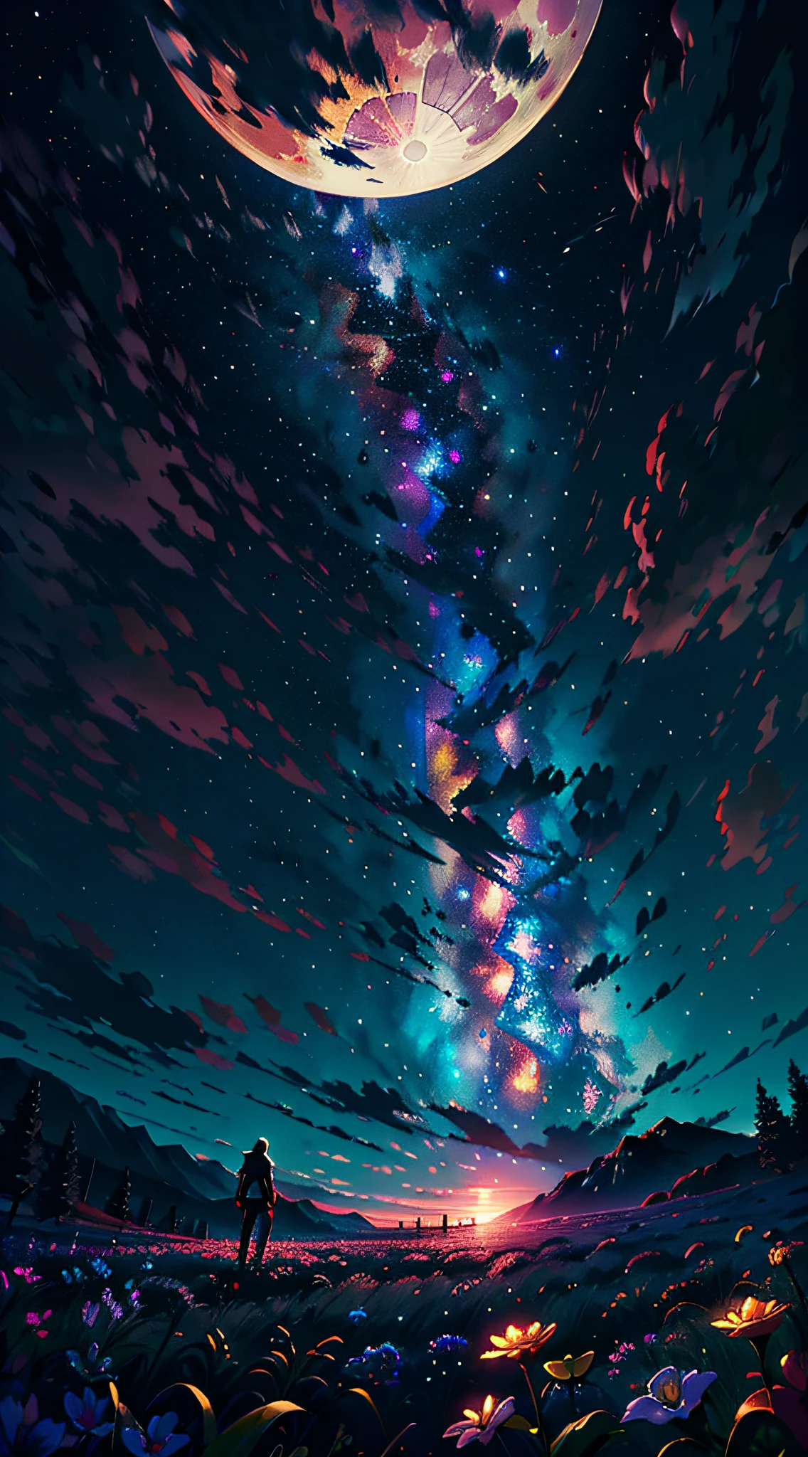 A wide landscape photo, (viewed from below, the sky is above, and the open field is below), a girl standing on a flower field looking up, (full moon: 1.2), (meteor: 0.9), (nebula: 1.3), distant mountains , Trees BREAK Crafting Art, (Warm Light: 1.2), (Firefly: 1.2), Lights, Lots of Purple and Orange, Intricate Details, Volumetric Lighting BREAK (Masterpiece: 1.2), (Best Quality), 4k, Ultra Detailed, (Dynamic Composition: 1.4), Rich in Detail and Color, (Rainbow Color: 1.2), (Glow, Atmospheric Lighting), Dreamy, Magical, (Solo: 1.2)