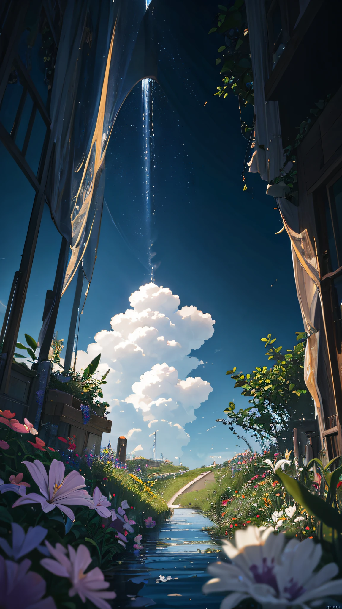 Summer, meadows, a few small flowers, heavenly views, large clouds, blue skies, hot weather, HD detail, wet watermarks, hyper-detail, cinematic, surrealism, soft light, deep field focus bokeh, ray tracing, and surrealism. --v6
