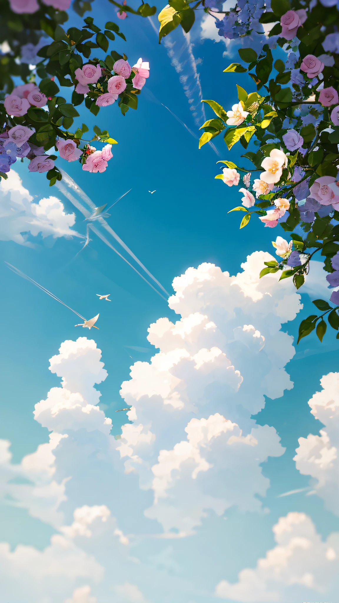 Summer, meadows, a few small flowers, heavenly views, large clouds, blue skies, hot weather, HD detail, wet watermarks, hyper-detail, cinematic, surrealism, soft light, deep field focus bokeh, ray tracing, and surrealism. --v6