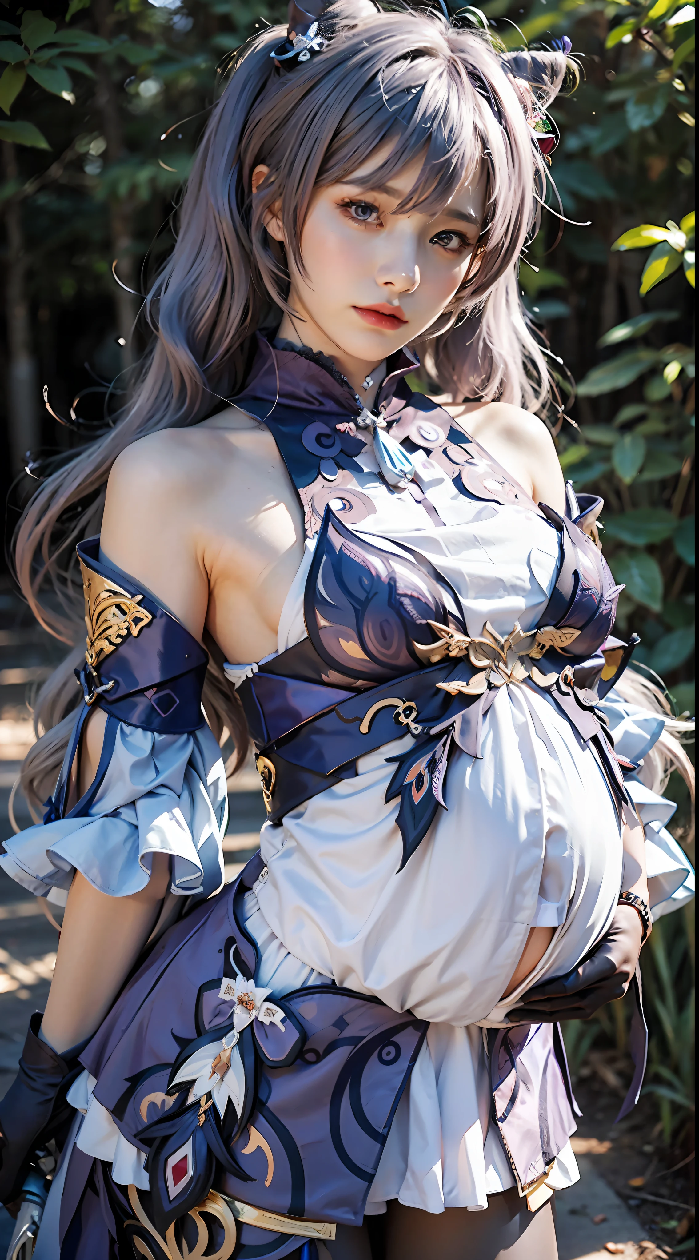 Masterpiece, best quality, detail, depth of field, ultra-realistic, realistic face and eyes, realistic skin texture, cinematic lighting, eyes to see the audience. 1 girl pregnant, solo, (frown, closed mouth), keqing_\(genshin_impact\), purple_eyes, purple hair, double tail, sharp eyes, serious face, gloves, black stockings, outdoor, purple lightning, fileg, big belly, lightning glowing sword, purple lightning, upper body