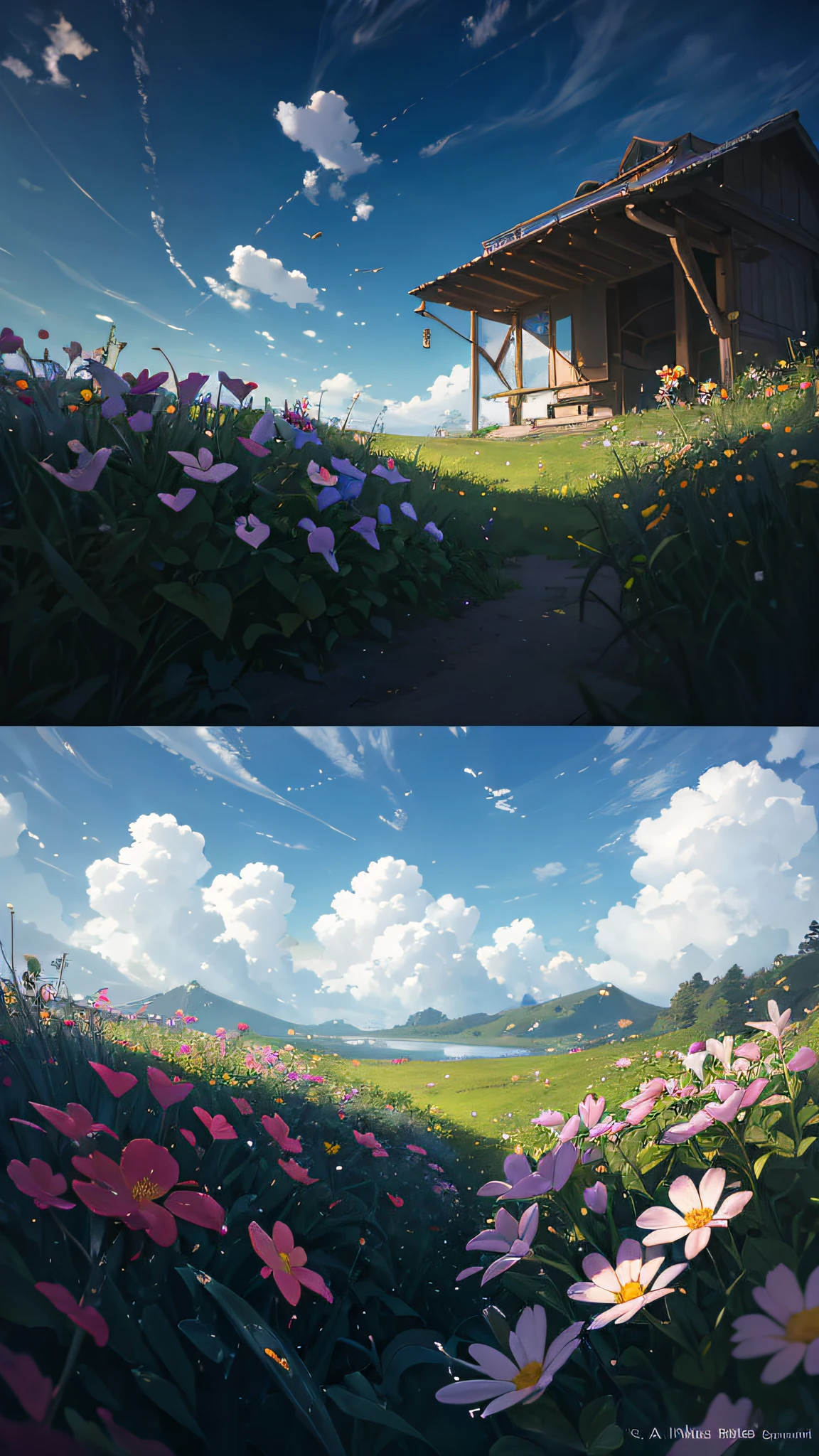 Summer, meadows, a few small flowers, heavenly views, large clouds, blue skies, hot weather, HD detail, wet watermarks, hyper-detail, cinematic, surrealism, soft light, deep field focus bokeh, ray tracing, and surrealism. --v6