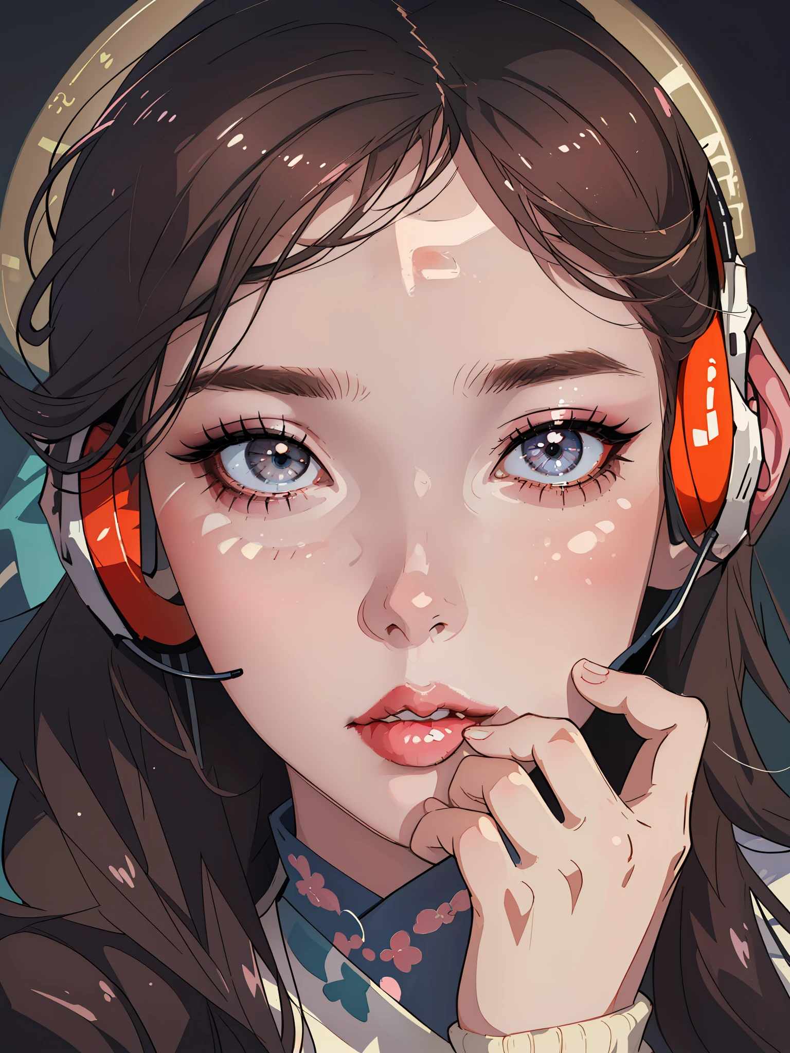 there is a young girl wearing headphones and a sweater, Kawaii realistic portrait, Realistic. Cheng Yi, wlop glossy skin, Soft makeup, popular korean makeup, wan adorable korean face, Light makeup, clear cute face, cute round slanted eyes, photorealistic beautiful face, Guviz-style artwork, Urzan, hyperrealistic 