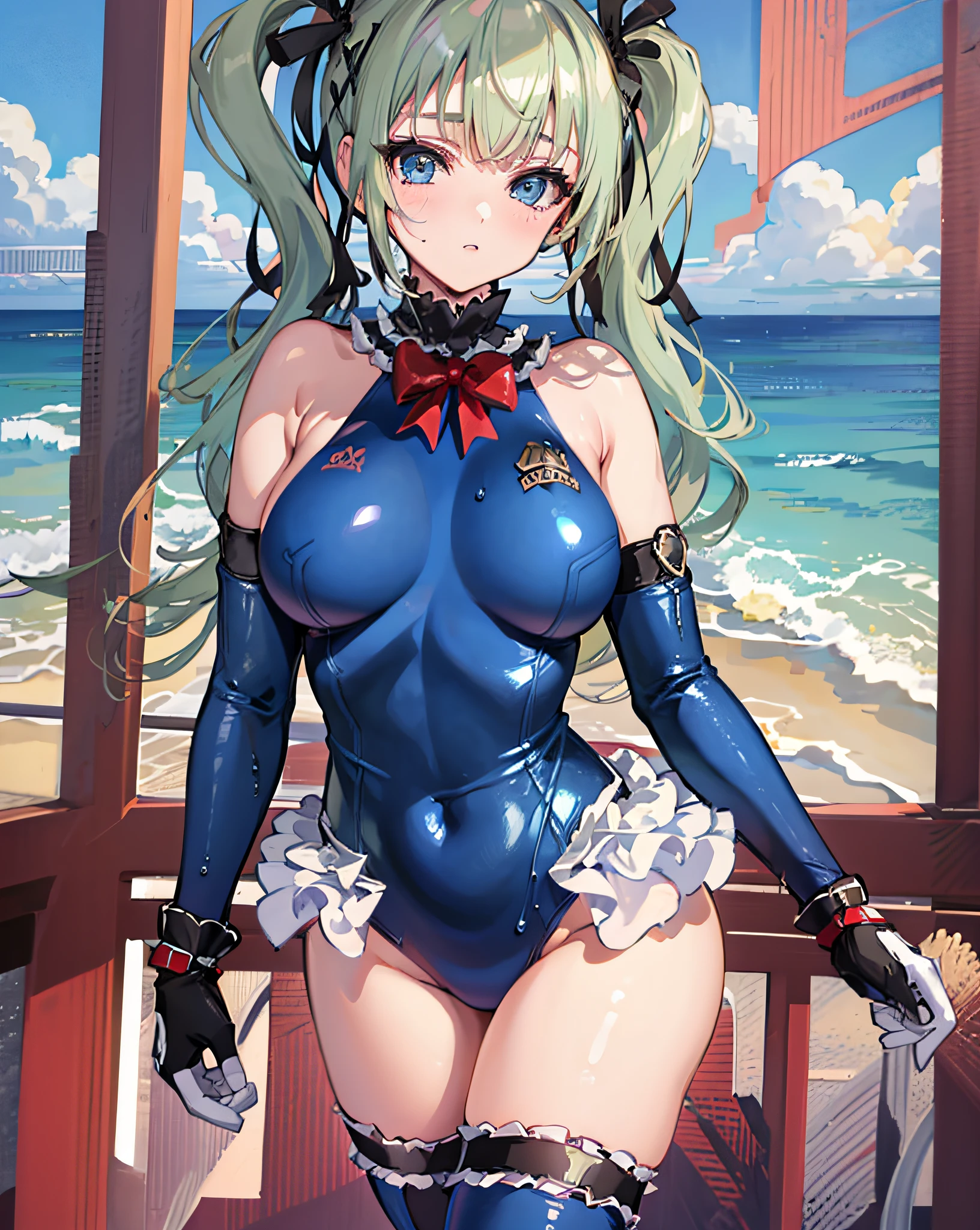 1girl,solo,large breasts, marierose,blue one-piece swimsuit, standing,cowboy shot, blush,
water,sand,sea,wet, elbow gloves, blue thighhighs,