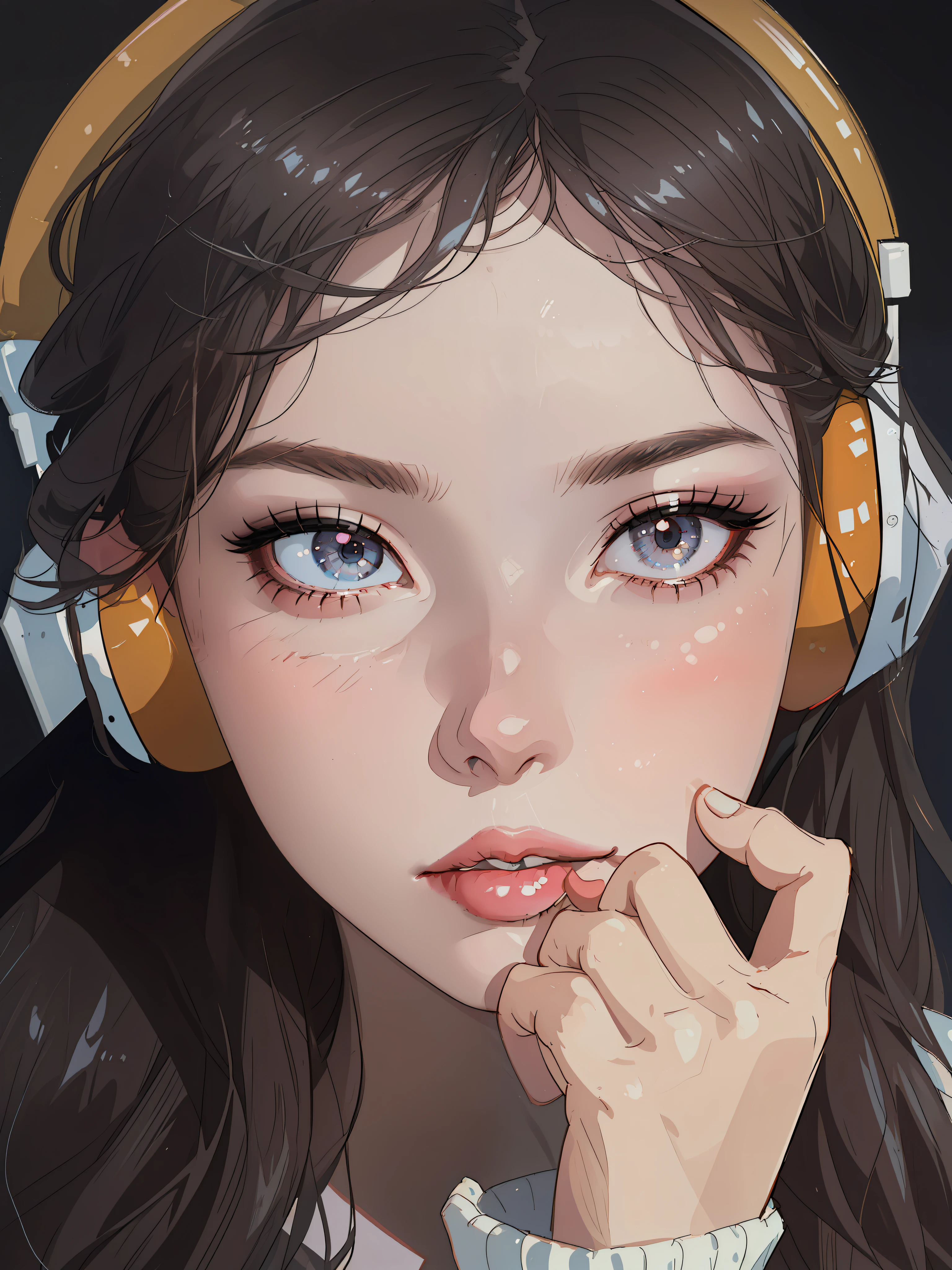 there is a young girl wearing headphones and a sweater, kawaii realistic portrait, realistic. cheng yi, wlop glossy skin, soft makeup, popular south korean makeup, wan adorable korean face, light makeup, clear cute face, cute round slanted eyes, photorealistic beautiful face, artwork in the style of guweiz, ulzzang, hyperrealistic 