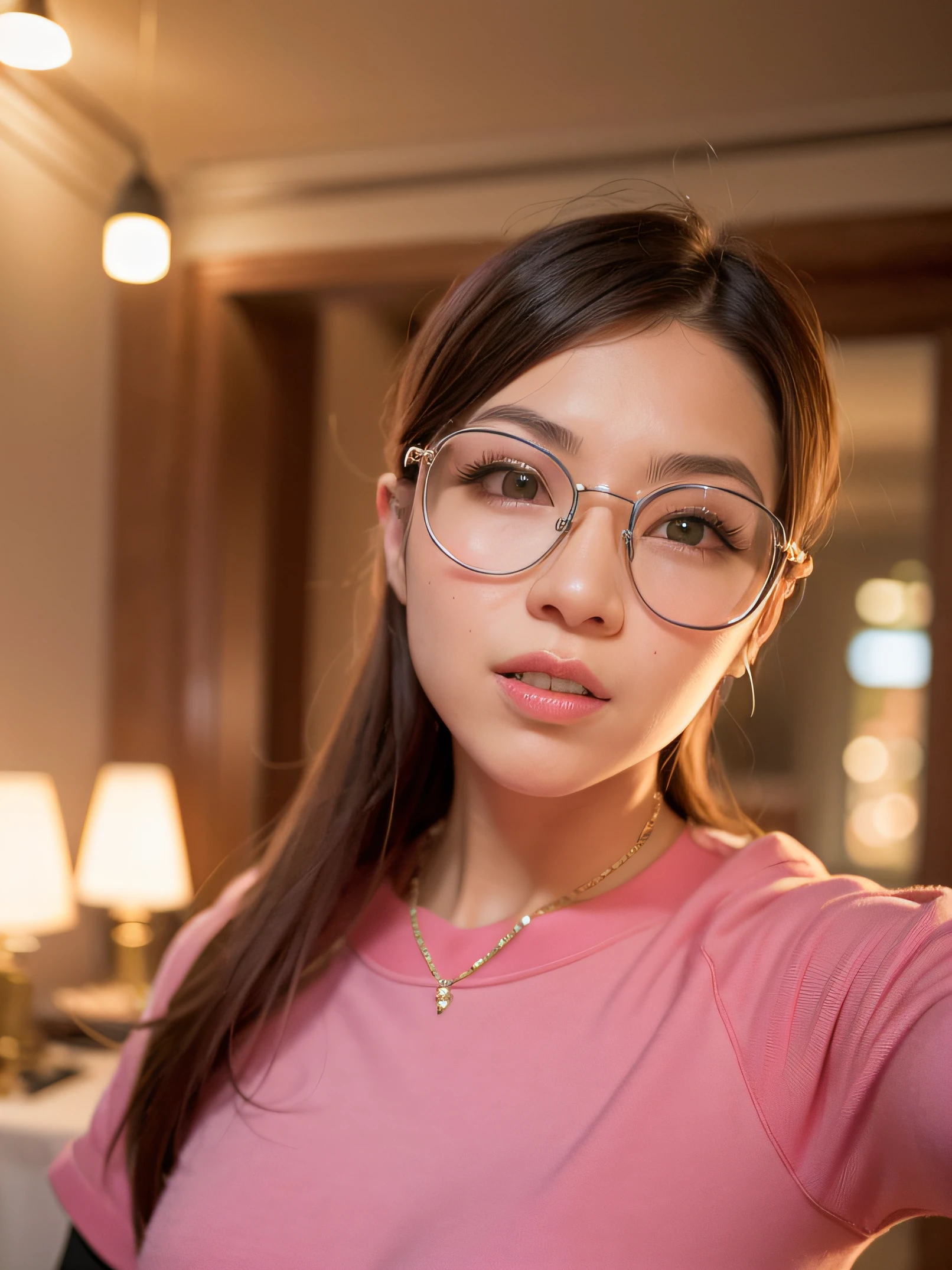 Woman posing for photo with glasses and pink shirt, 25years old, With glasses,wearing thin large round glasses, professional profile picture, Reddish lips,necklac,Black hair,Light pink clothes,Slightly round face,scenery background,hair flowing