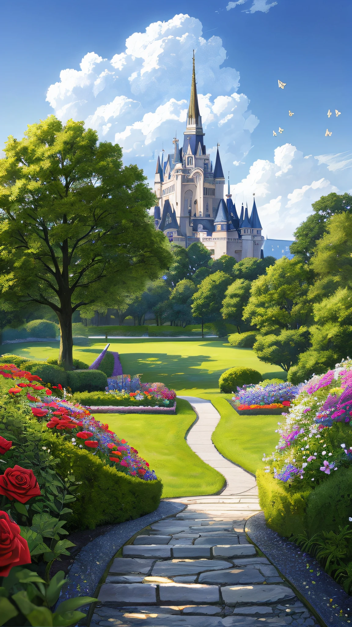 Masterpiece, best quality, no people, castle garden, trees, summer, flowers, shrubs, roses, clouds, sky, stone path, big trees, bees, butterflies, hyper-realistic, detailed background, depth of field, edge lighting, specular highlights, bloom, atmospheric lighting
