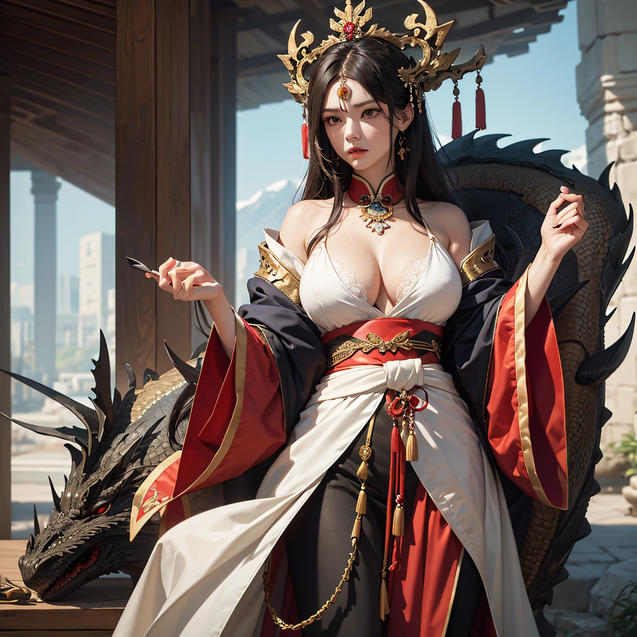 masterpiece,best quality,masterpiece,best quality,official art,extremely detailed CG unity 8k wallpaper,artbook,highres,mature female,large breasts,n ancient Chinese style,he female emperor is dignified,mature and charming,wearing a dragon robe ,soft solid color background --auto