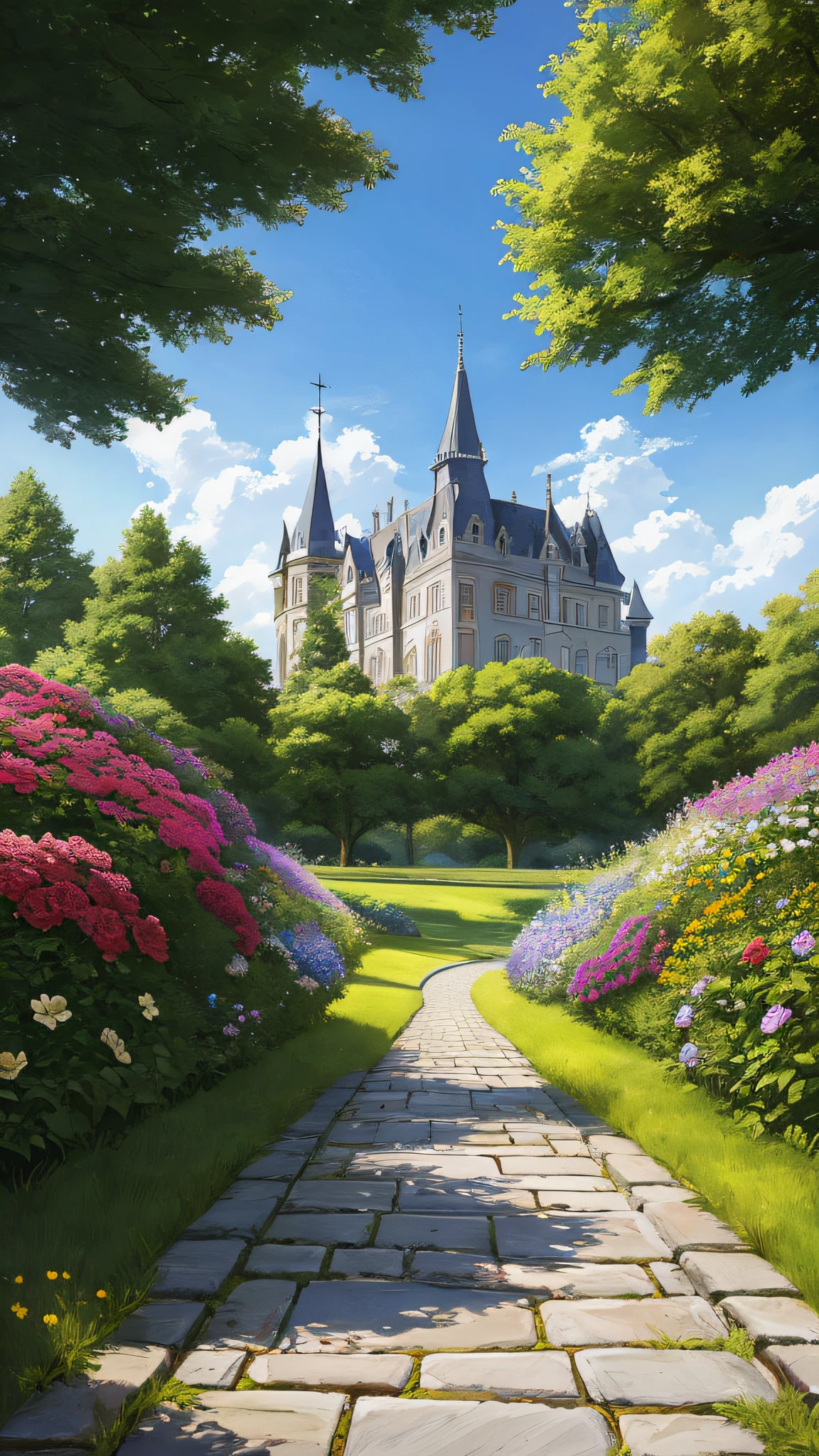 Masterpiece, best quality, no people, castle garden, trees, summer, flowers, shrubs, roses, clouds, sky, stone path, big trees, bees, butterflies, hyper-realistic, detailed background, depth of field, edge lighting, specular highlights, bloom, atmospheric lighting