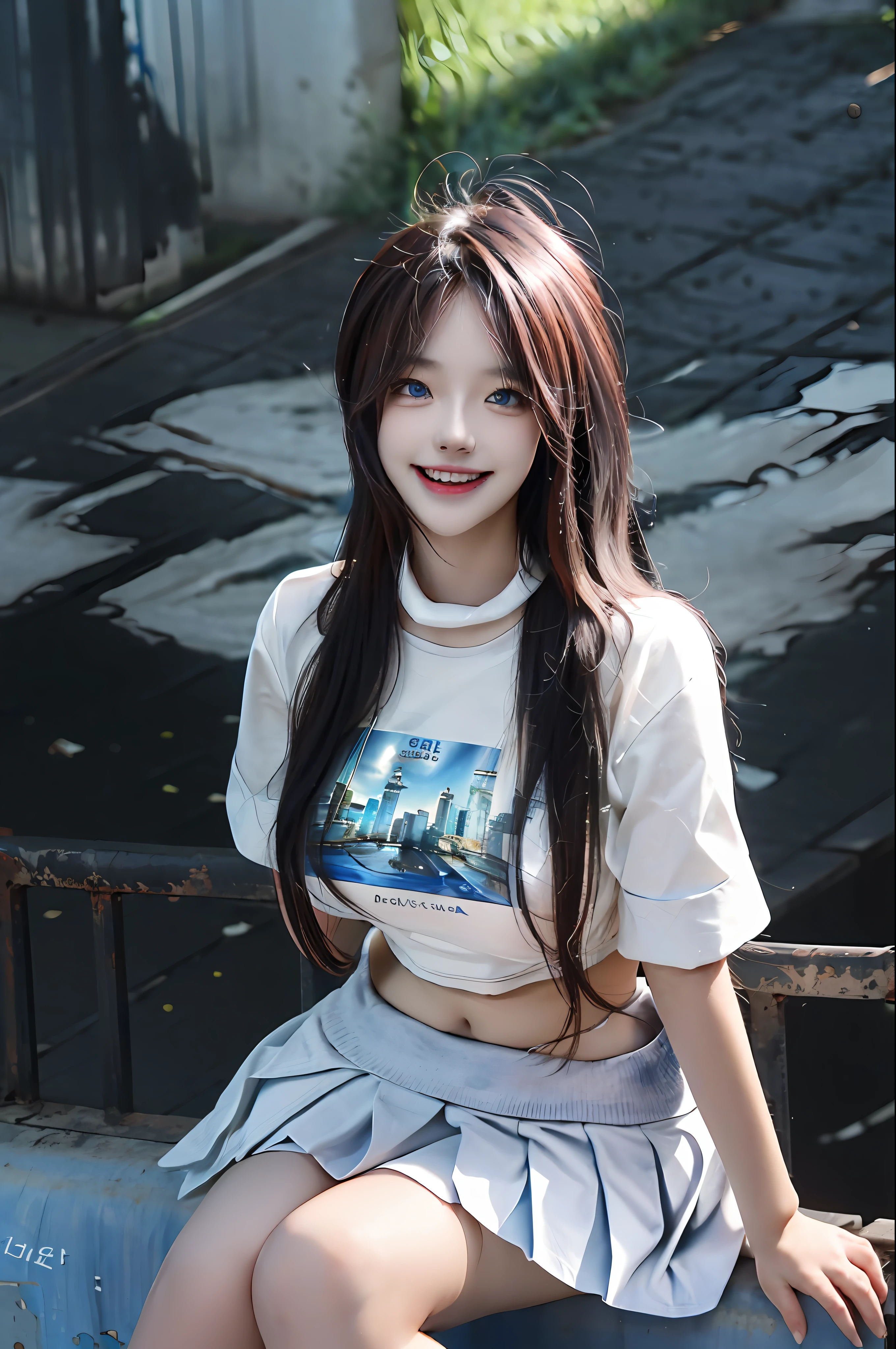 official art, masterpiece, sharp focus, (beautiful gorgeous cute Korean woman:1.3), (beautiful cute korean:1.3), korean beauty, Delicate and beautiful hair and eyes and face, realistic, ultra detailed, beautiful girl, blue sky, glow white particle, (sidelighting:1.2), sun light, white cloud, detailed clouds, slender, Lovely very large breasts and very large hips, smile with teeth, ((smile with eyes, open both eyes)), scenery, long straight hair, sexy facial expression, building, (cityscape:1.7), dynamic hair, long straight hair, detailed platinum pink hair, glow blue eyes, (blue pleated shirts + white skirt), white long socks, pale skin, hair ornament, epic scenery,