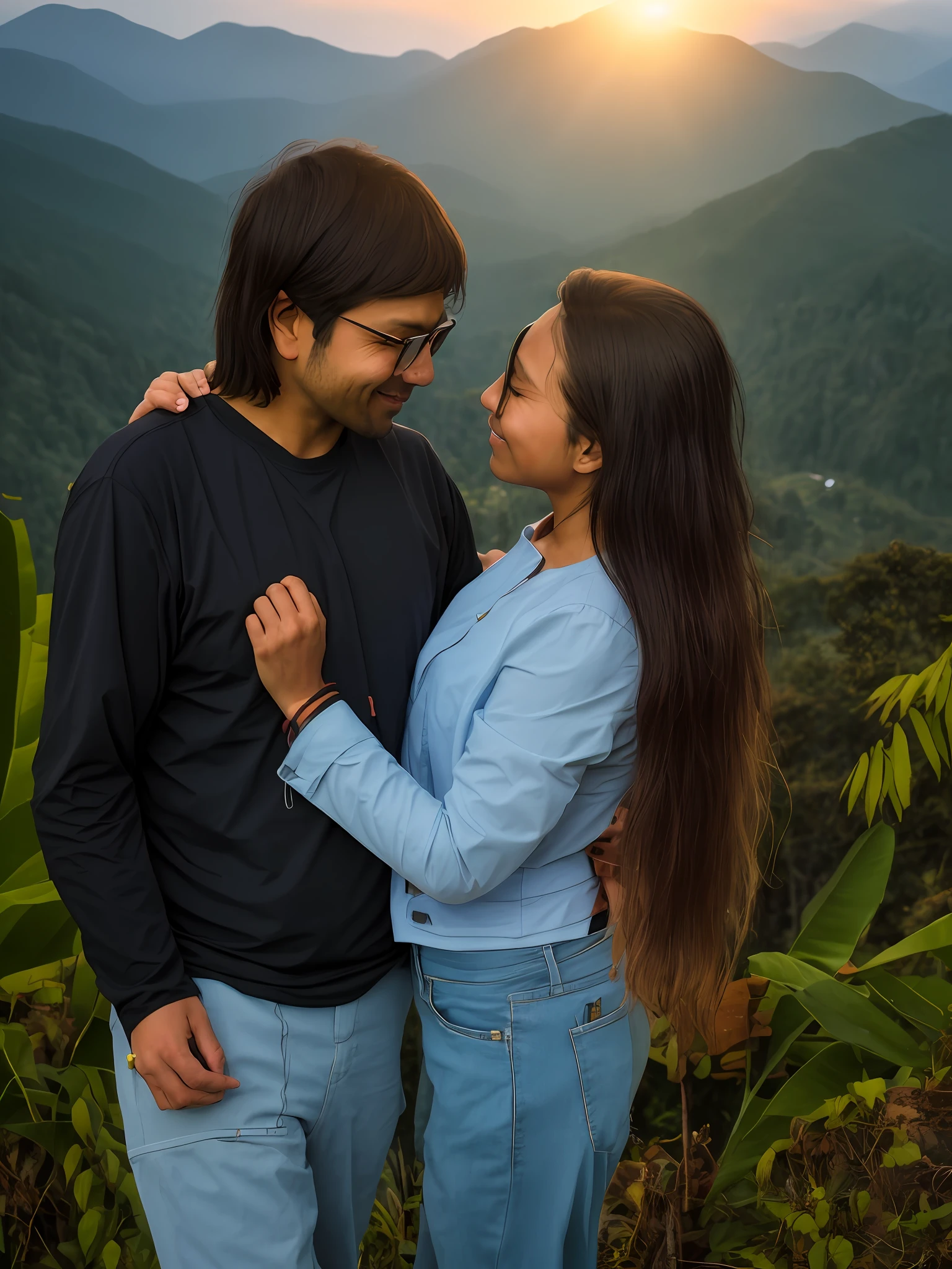 there is a man and woman standing together on a mountain, lovely couple, (no modifications to the faces )assamese aesthetic, on a mountain, with mountains in the background, in mountains, with mountains as background, with mountains in background, couple pose, couple, hills in the background, on the mountain, in jungle forest peak, during sunset, the most beautiful scene, in the mountains