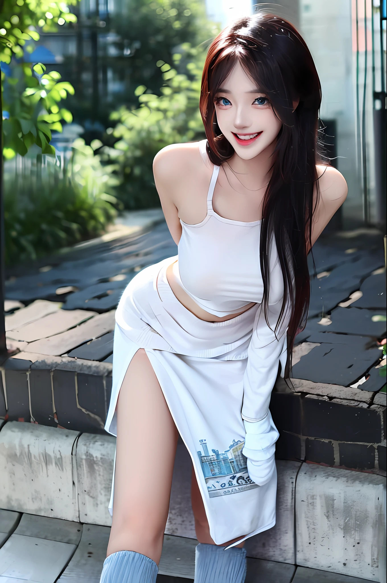 official art, masterpiece, sharp focus, (beautiful gorgeous cute Korean woman:1.3), (beautiful cute korean:1.3), korean beauty, Delicate and beautiful hair and eyes and face, realistic, ultra detailed, beautiful girl, blue sky, glow white particle, (sidelighting:1.2), sun light, white cloud, detailed clouds, slender, Lovely very large breasts and very large hips, smile with teeth, ((smile with eyes, open both eyes)), scenery, long straight hair, sexy facial expression, building, (cityscape:1.7), dynamic hair, long straight hair, detailed platinum pink hair, glow blue eyes, (blue pleated shirts + white skirt), white long socks, pale skin, hair ornament, epic scenery,