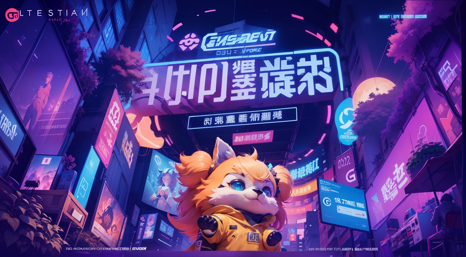 Close-up of a cartoon character in the city with a giant home, trending on cgstation, trending at cgstation, Home improvement poster, KV main vision, gta chinatowon art style, theme is cyberpunk city market, Home furnishing market, promotional poster, The visual center is prominent, Atmospheric wall, Vivid colors, Album art, Official artwork, retrowave epic art, G Liulian art style。The style should be blue-purple, Visual Center fonts are a mid-year sale。, Best quality, A high resolution, 16k --auto