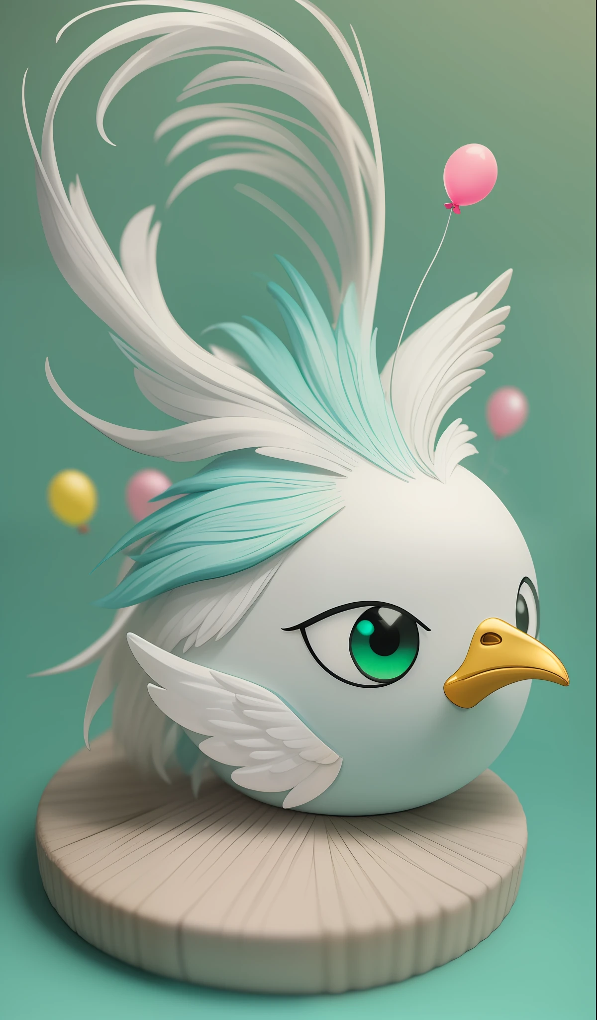 A cute rooster,Department of Healing, Bright feathers,shaggy((Best Quority)), ((masterpaintings)), (hair adornments)( Extremely detailed, highest details, offcial art, Beauty and aesthetics:1.2), depth of field, ( (All body in) ), (Chibi T-Shi), , (Beautiful and delicate eyes:1.3),(extremely happy:1)(Light mint green and gradient white),Popmart blind box,Clay texture,(Transparent balloons,Clouds decorate background),natural day light,Best Quority,Lots of detail,3D art,C4D,Blander,OC renderer,3Drender,8K --auto --s2