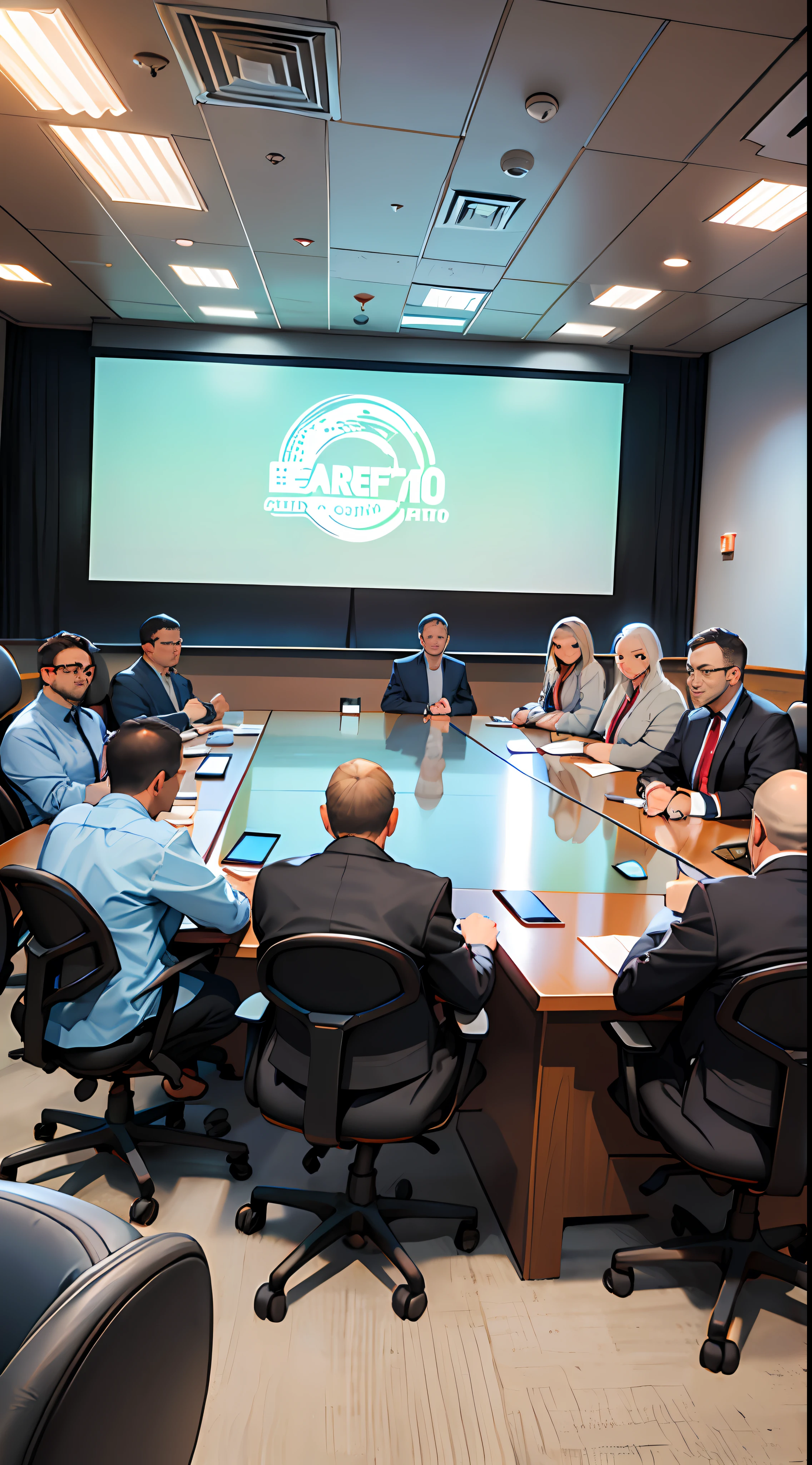 A spacious and bright conference room,On the conference table(Sit full:1.2.)finish(More than 10 people:1.5),The boys were talking about it,, 8K, Super detail, ccurate, Best quality