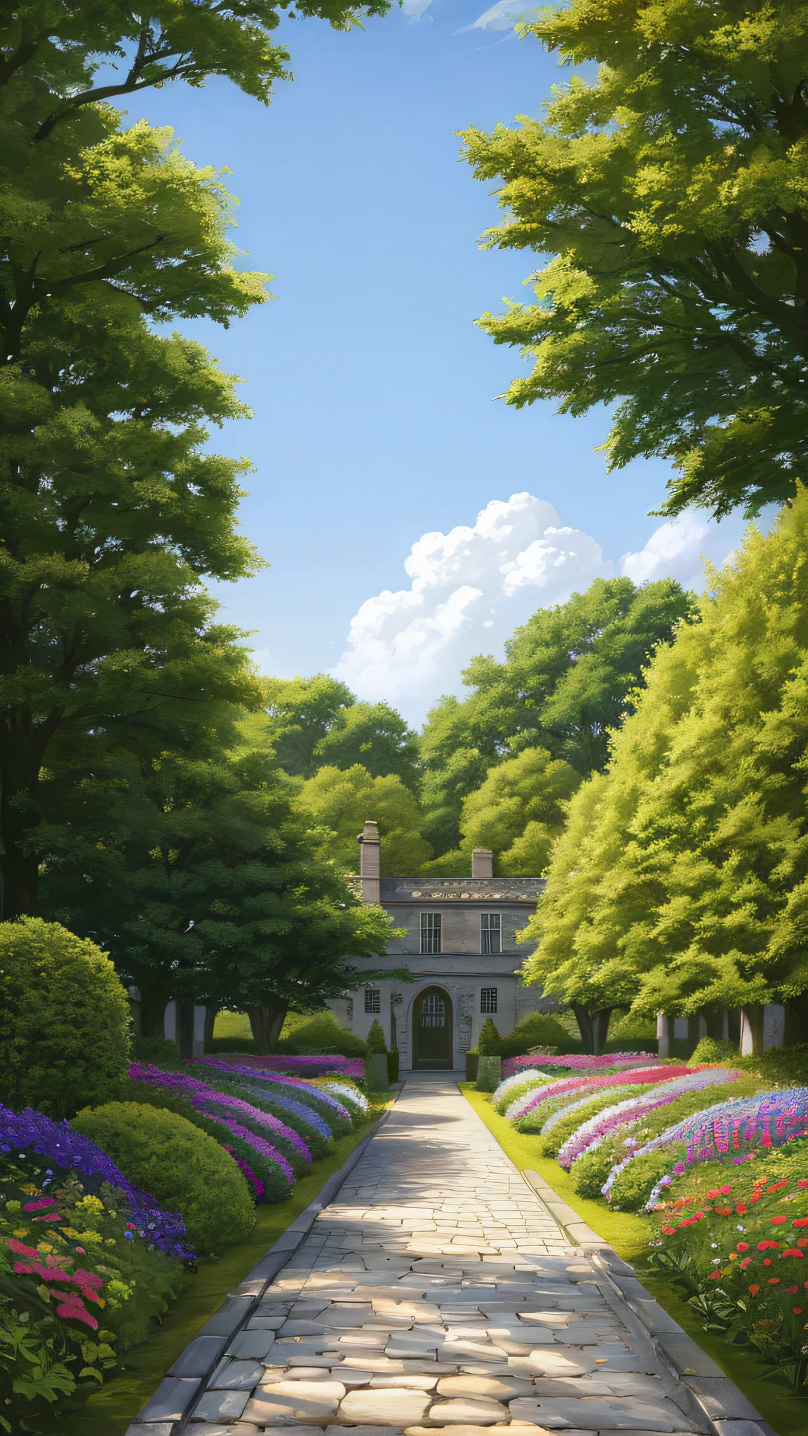 Masterpiece, best quality, no people, castle garden, trees, summer, flowers, shrubs, roses, clouds, sky, stone path, big trees, bees, butterflies, hyper-realistic, detailed background, depth of field, edge lighting, specular highlights, bloom, atmospheric lighting