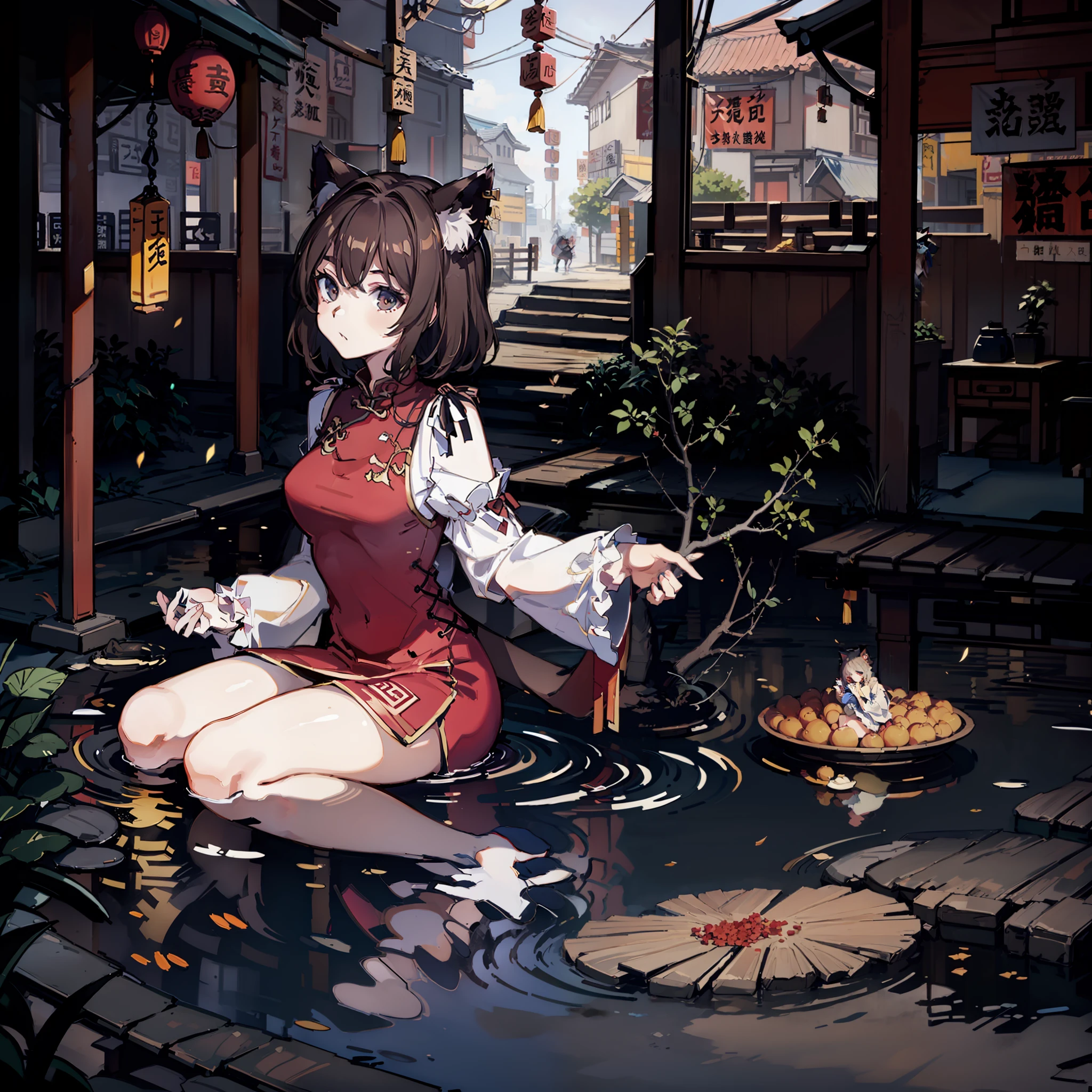 masute piece, Fine detail, 4K, 8K, 12K, Solo, One person, Beautiful Girl, caucasian female, Touhou Project, cat ear、chinese clothes, Chinese dress, Chinatown