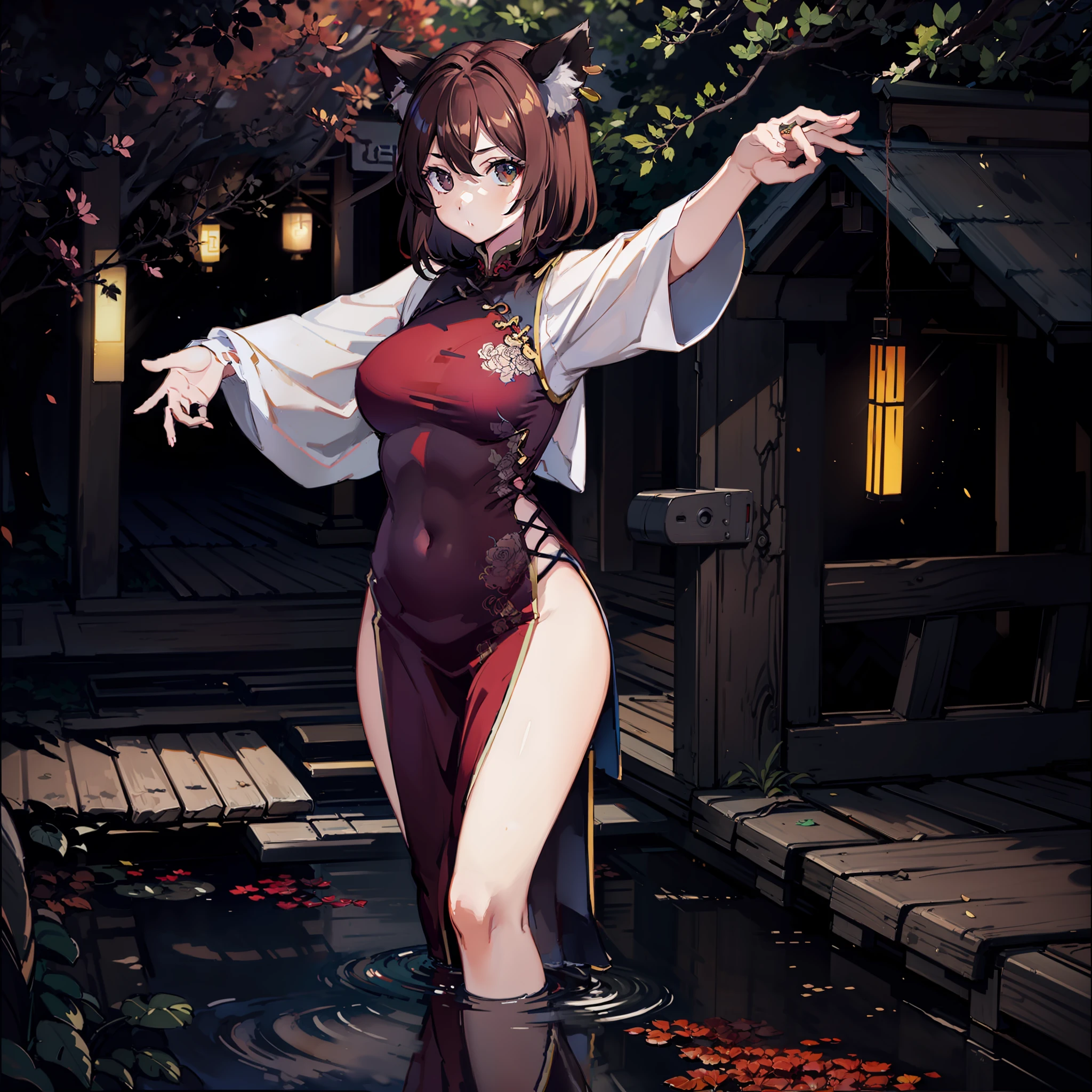 masute piece, Fine detail, 4K, 8K, 12K, Solo, One person, Beautiful Girl, caucasian female, Touhou Project, cat ear、chinese clothes, Chinese dress, Chinatown