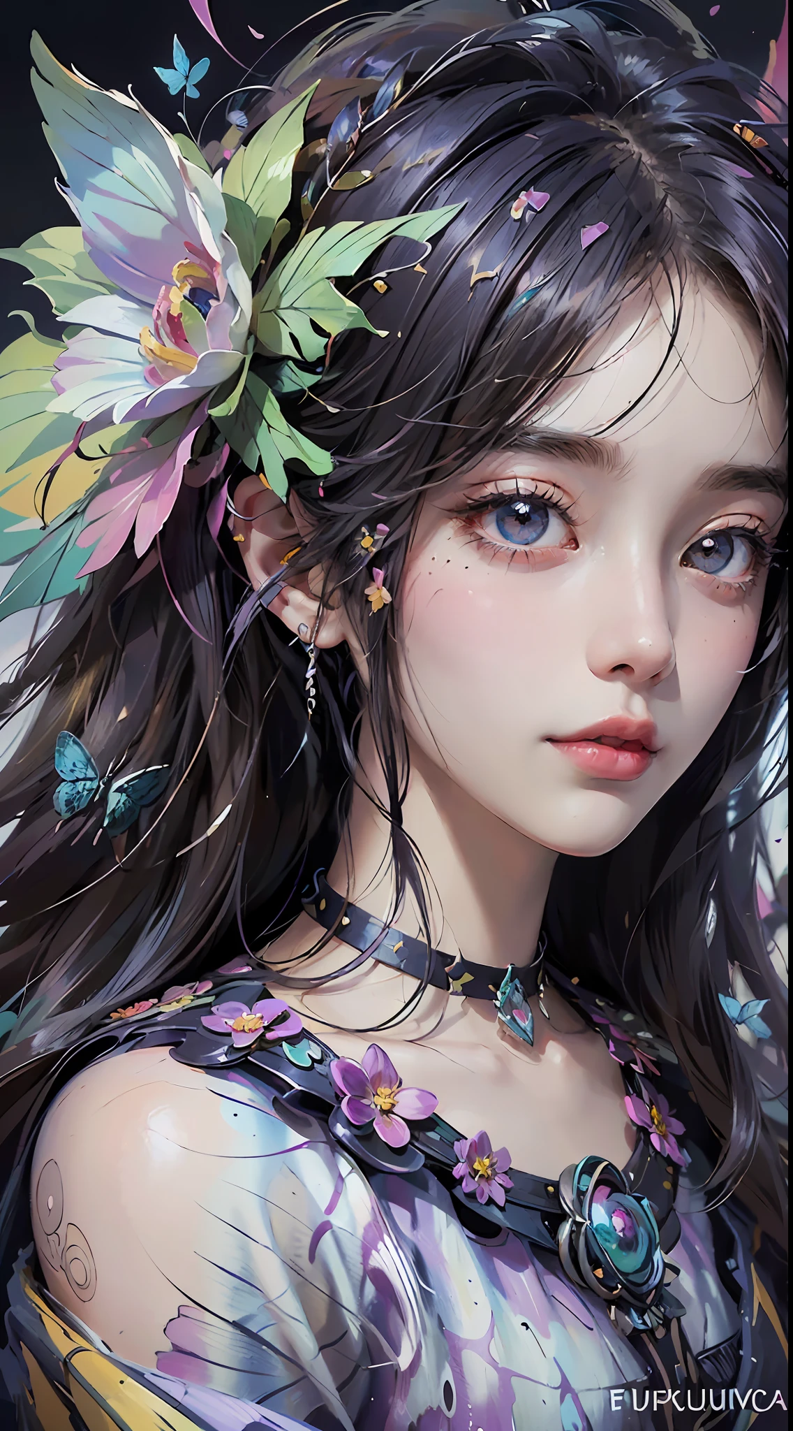 (masterpiece:1.1), (highest quality:1.1), (HDR:1.0), ambient light, ultra-high quality,( ultra detailed original illustration), (1girl, upper body), ((harajuku fashion)), ((flowers with human eyes, flower eyes)), double exposure, fusion of fluid abstract art, glitch, (original illustration composition), (fusion of limited color, maximalism artstyle, geometric artstyle, butterflies, junk art)