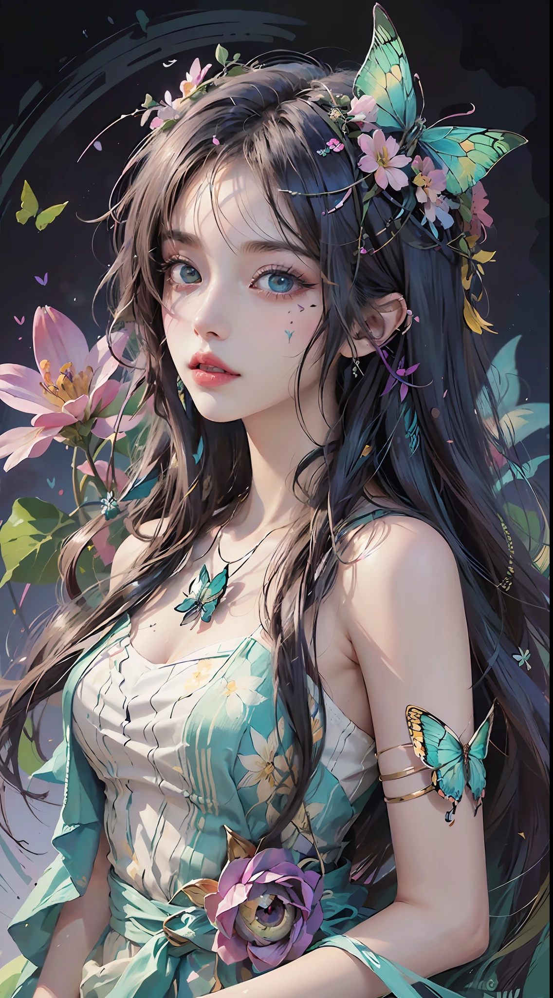 (masterpiece:1.1), (highest quality:1.1), (HDR:1.0), ambient light, ultra-high quality,( ultra detailed original illustration), (1girl, upper body), ((harajuku fashion)), ((flowers with human eyes, flower eyes)), double exposure, fusion of fluid abstract art, glitch, (original illustration composition), (fusion of limited color, maximalism artstyle, geometric artstyle, butterflies, junk art)