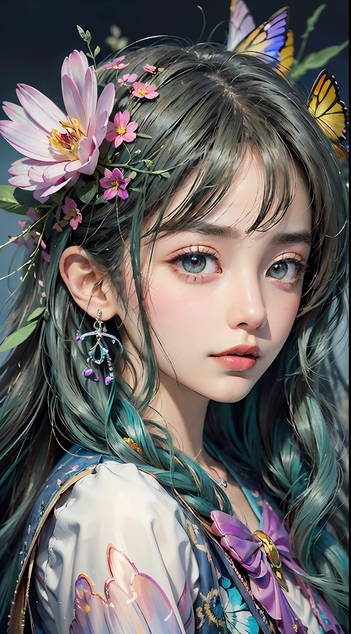 (masterpiece:1.1), (highest quality:1.1), (HDR:1.0), ambient light, ultra-high quality,( ultra detailed original illustration), (1girl, upper body), ((harajuku fashion)), ((flowers with human eyes, flower eyes)), double exposure, fusion of fluid abstract art, glitch, (original illustration composition), (fusion of limited color, maximalism artstyle, geometric artstyle, butterflies, junk art)