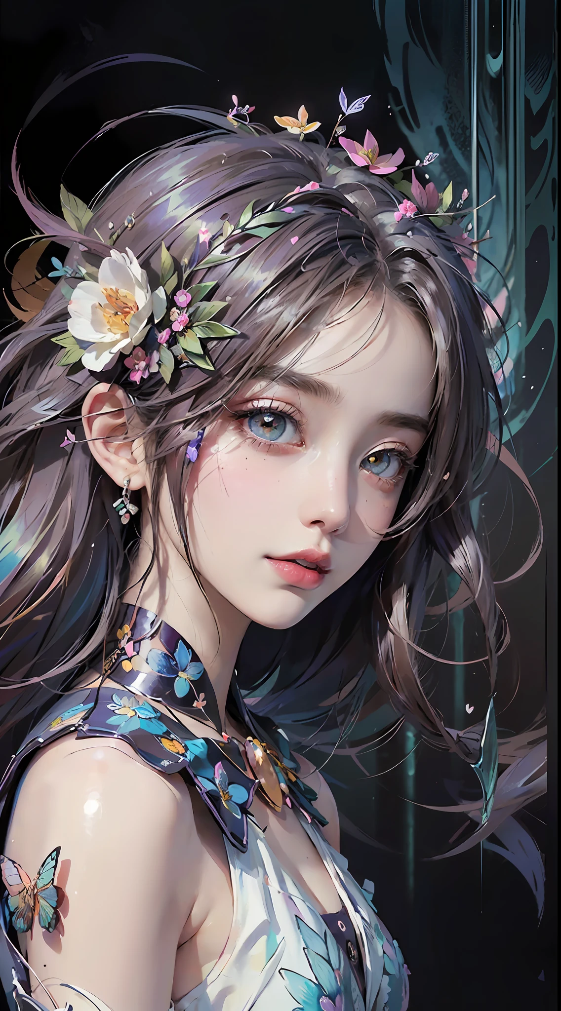 (masterpiece:1.1), (highest quality:1.1), (HDR:1.0), ambient light, ultra-high quality,( ultra detailed original illustration), (1girl, upper body), ((harajuku fashion)), ((flowers with human eyes, flower eyes)), double exposure, fusion of fluid abstract art, glitch, (original illustration composition), (fusion of limited color, maximalism artstyle, geometric artstyle, butterflies, junk art)