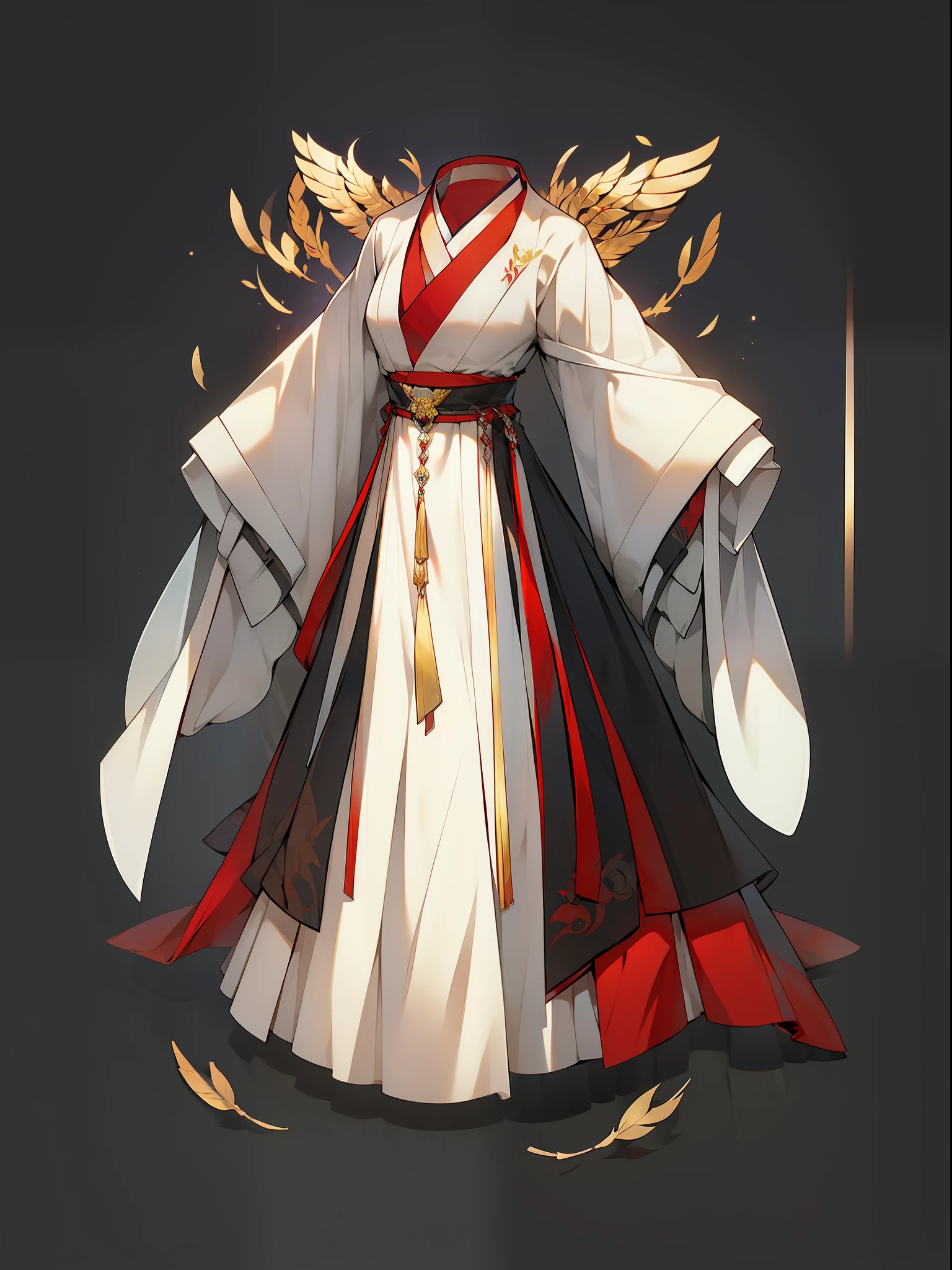 (NOhumans:1.5), masterpaintings, Ultimate,(a color,feather hair),Ancient Chinese clothes,Gorgeous collared top,pleated long skirt,cloaks,gossamer,gold chains,red color Hanfu,Phnom Penh embroidery,gameicon,