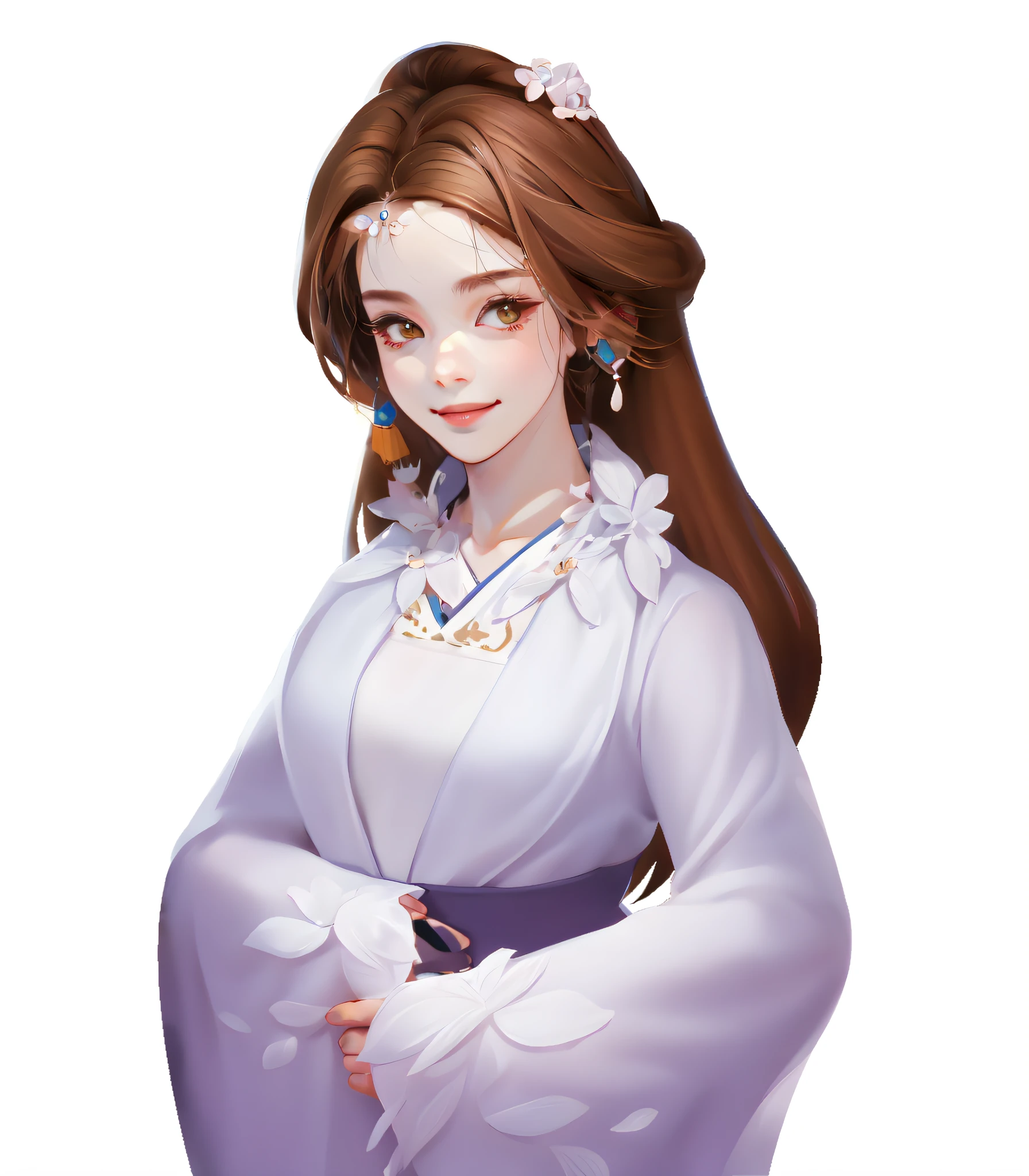 ((masterpaintings)),hightquality,hyper detailled,A cartoon girl with brown hair and white Hanfu,Di Li Gerba,smil