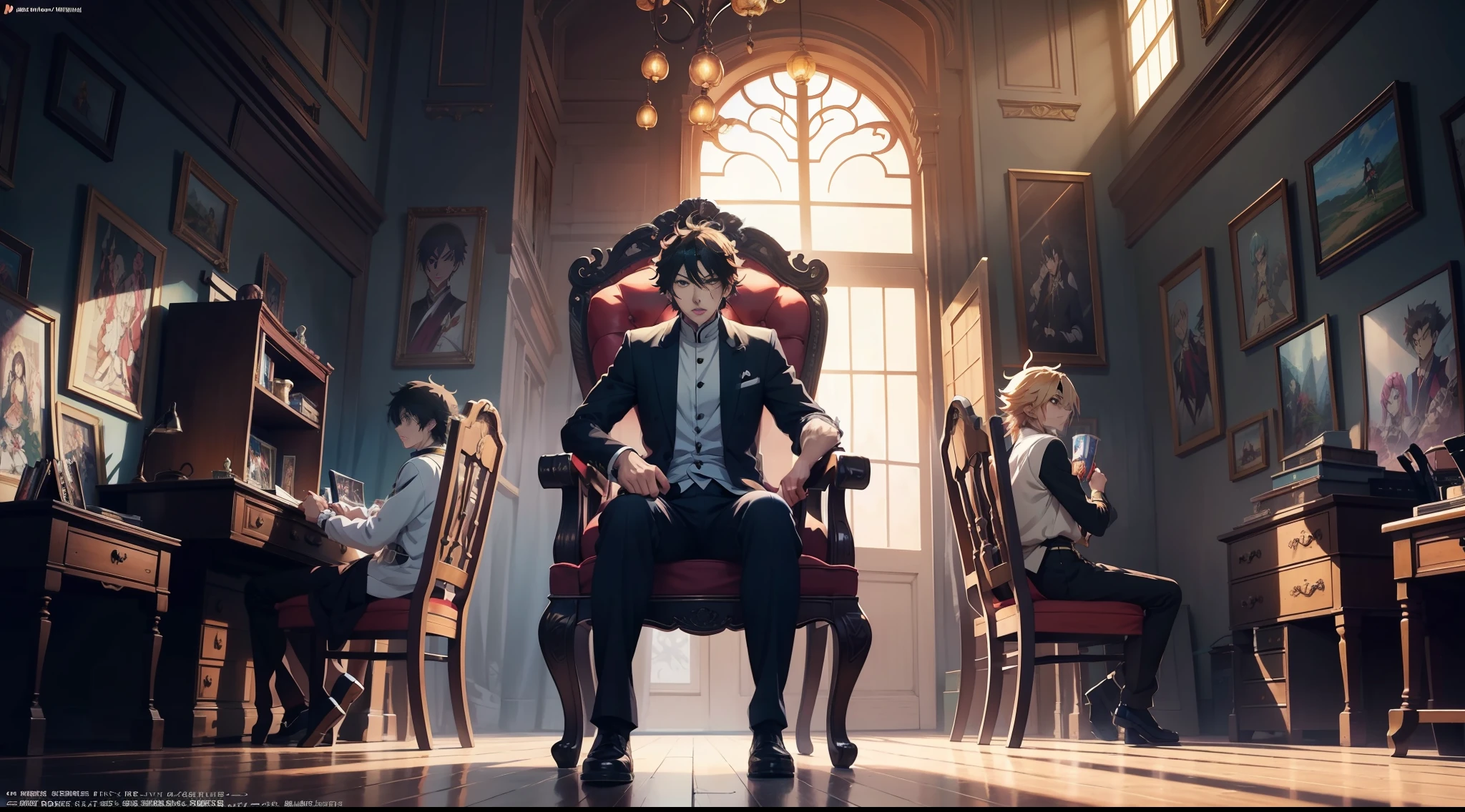Anime characters sitting on chairs,Point ahead with your right hand, Expression of anger,Loud invective,young anime man, male anime character, offcial art, high detailed official artwork, Key anime art, official character art, Official illustration, High quality anime art style, beautiful androgynous prince, inspirado em Okumura Masanobu --auto