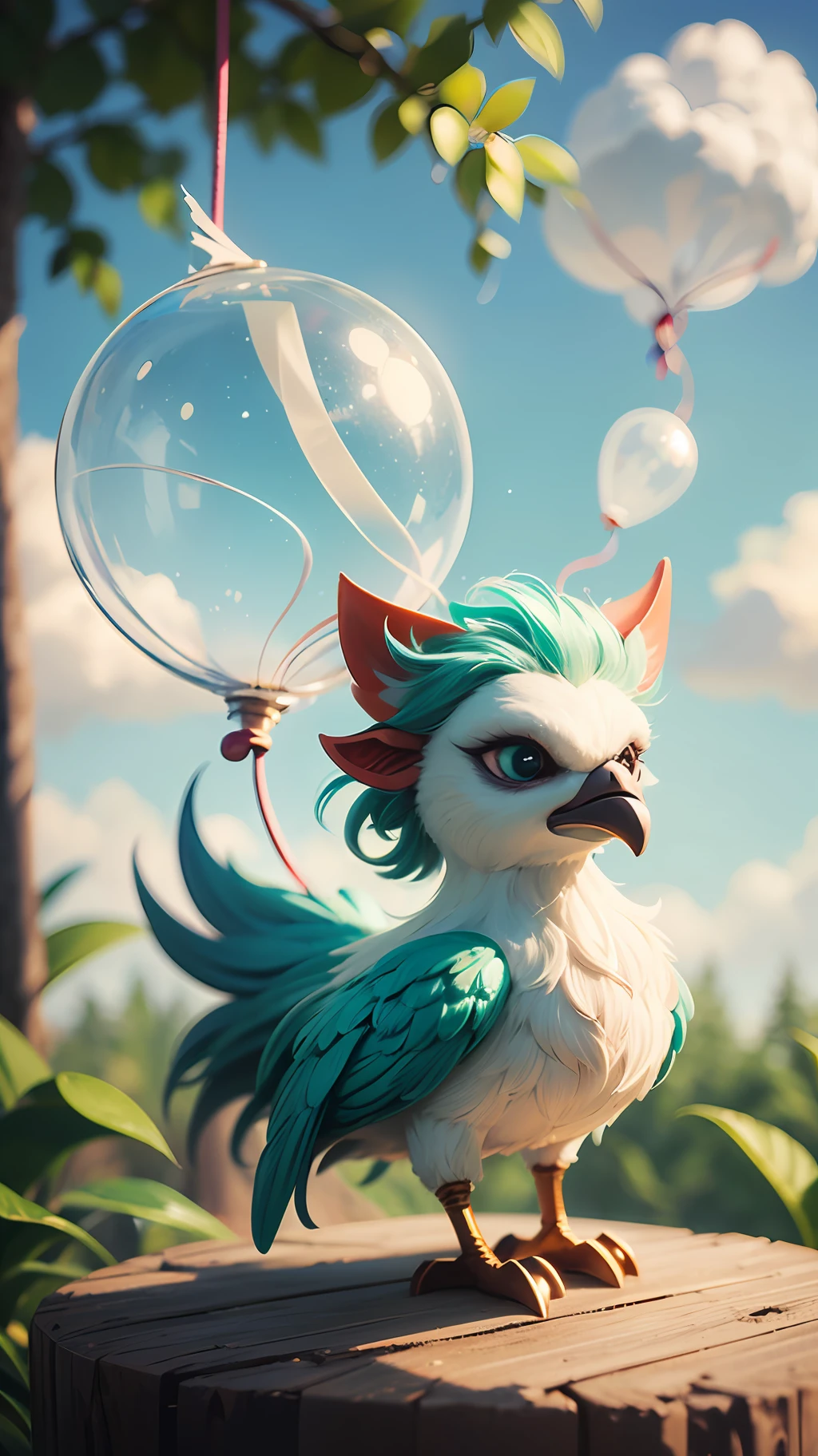 A cute rooster,Department of Healing, Bright feathers,shaggy((Best Quority)), ((masterpaintings)), (hair adornments)( Extremely detailed, highest details, offcial art, Beauty and aesthetics:1.2), depth of field, ( (All body in) ), (Chibi T-Shi), , (Beautiful and delicate eyes:1.3),(extremely happy:1)(Light mint green and gradient white),Popmart blind box,Clay texture,(Transparent balloons,Clouds decorate background),natural day light,Best Quority,Lots of detail,3D art,C4D,Blander,OC renderer,3Drender,8K --auto --s2
