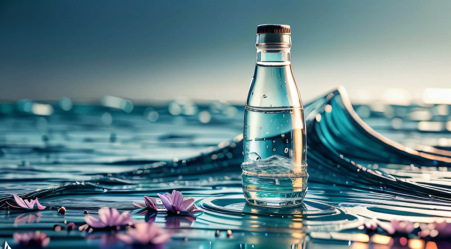 A bottle of mineral water in an ocean scene,There are waves of flowers ,sun beam,Event poster,618 event celebration a few words commercial photography realistic,Complicated details,32K,telephoto lenses,Sony lens