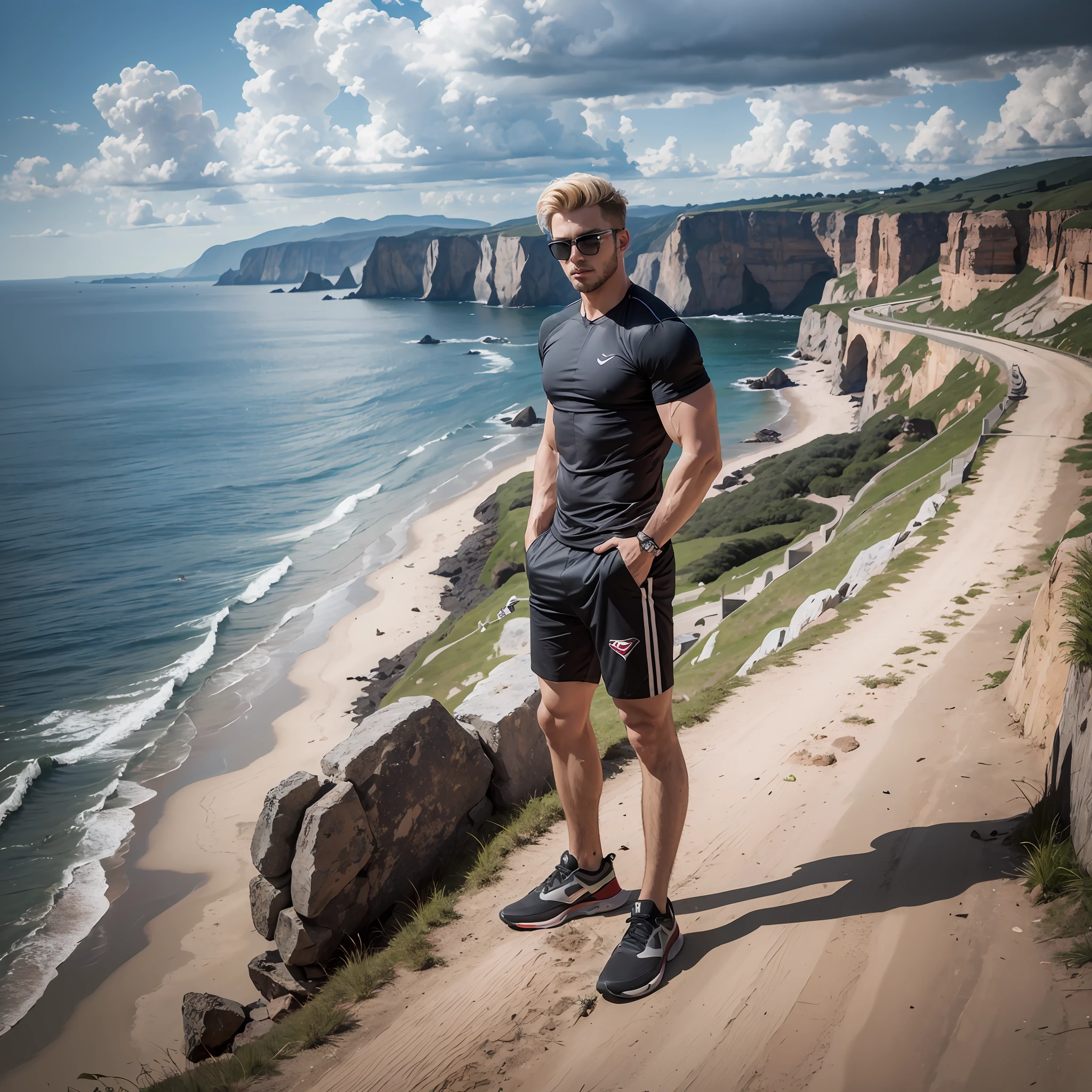 ((Top Quality, 8k, Masterpiece: 1.3)), arafed, young man, muscular (Masterpiece 1.3, intense details), realistic, standing near a red sports car (Masterpiece 1.3, intense details), tan, sunglasses, short blond hair, near a cliff by the sea, daylight, sun rays, clouds, Wide-Angle, Ultra-Wide Angle, 8k, highres, best quality, high details