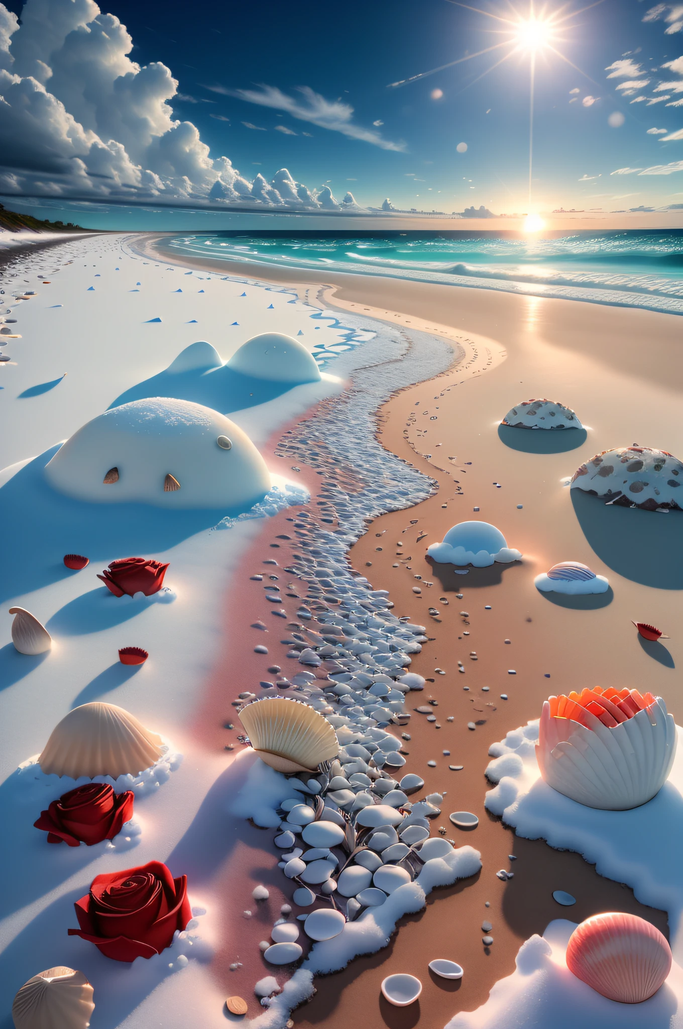 delicate scene,depth of field, 8K, The ivory sky,white clouds,and sunlight shine on the snow-white beach. The coral sea,and many colorful tinny shells on the beach,red roses, roses focus,