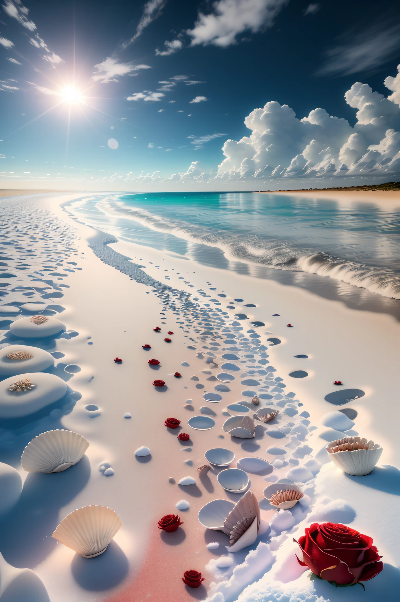 delicate scene,depth of field, 8K, The ivory sky,white clouds,and sunlight shine on the snow-white beach. The coral sea,and many colorful tinny shells on the beach,red roses, roses focus,