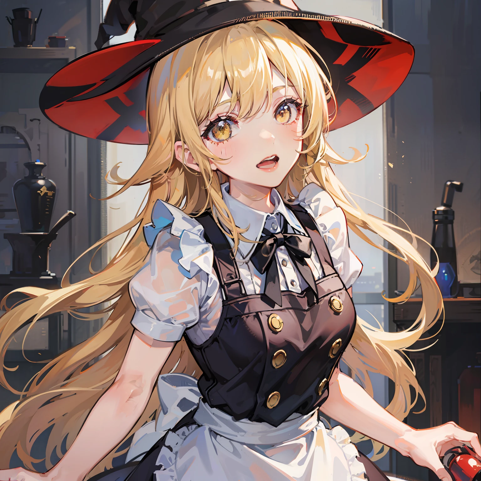1girl,masterpiece,upper body, best_quality, Kirisame Marisa, blonde hair, yellow eyes,open mouth,maid apron, witch hat, arms behind back