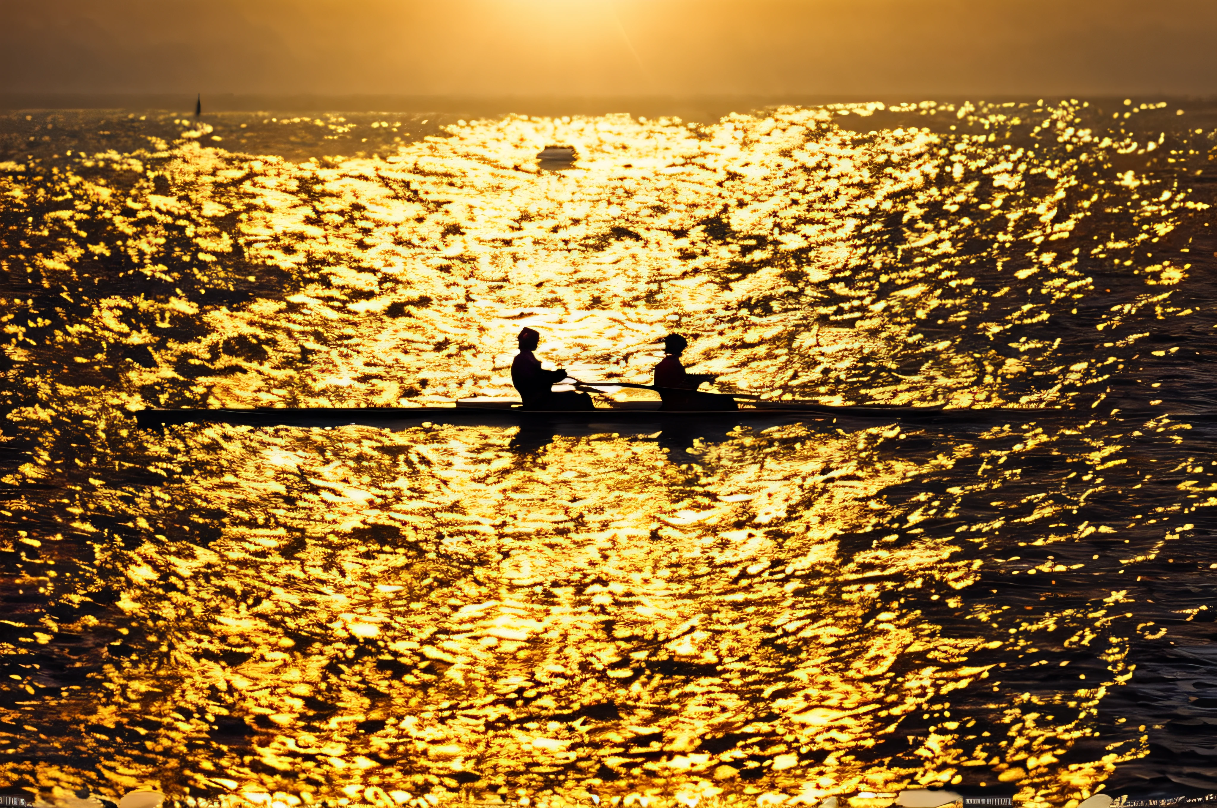 there is a man rowing a boat in the water at sunset, on a reflective gold plate, sculls, bathed in golden light, Rowing Boat, at golden hour, morning glow, winning photo, prize winning, golden glow, glare on the water, warm glow, liquid gold, at golden hour, treading on calm water, the golden hour"