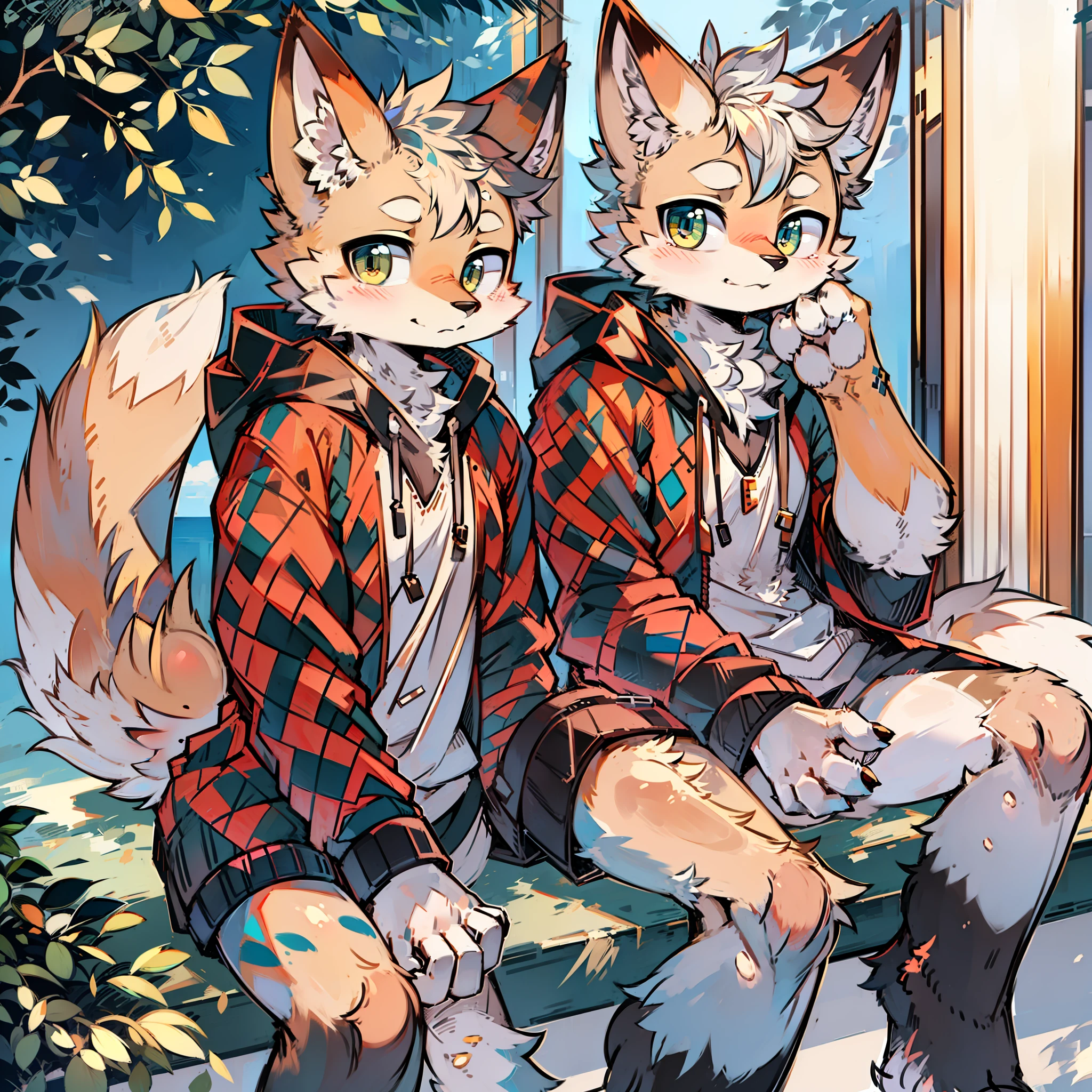 anime - style picture of a fox with a hoodie sitting on a ledge, a fox, fursona!!!!, furry fursona, fursona wearing stylish clothes, cute fox, Furry character, anthropomorphic fox, fox-girl, furry anime, fursona art, relaxed poses, fursona furry art commission, furry furaffinity, wearing a hoody