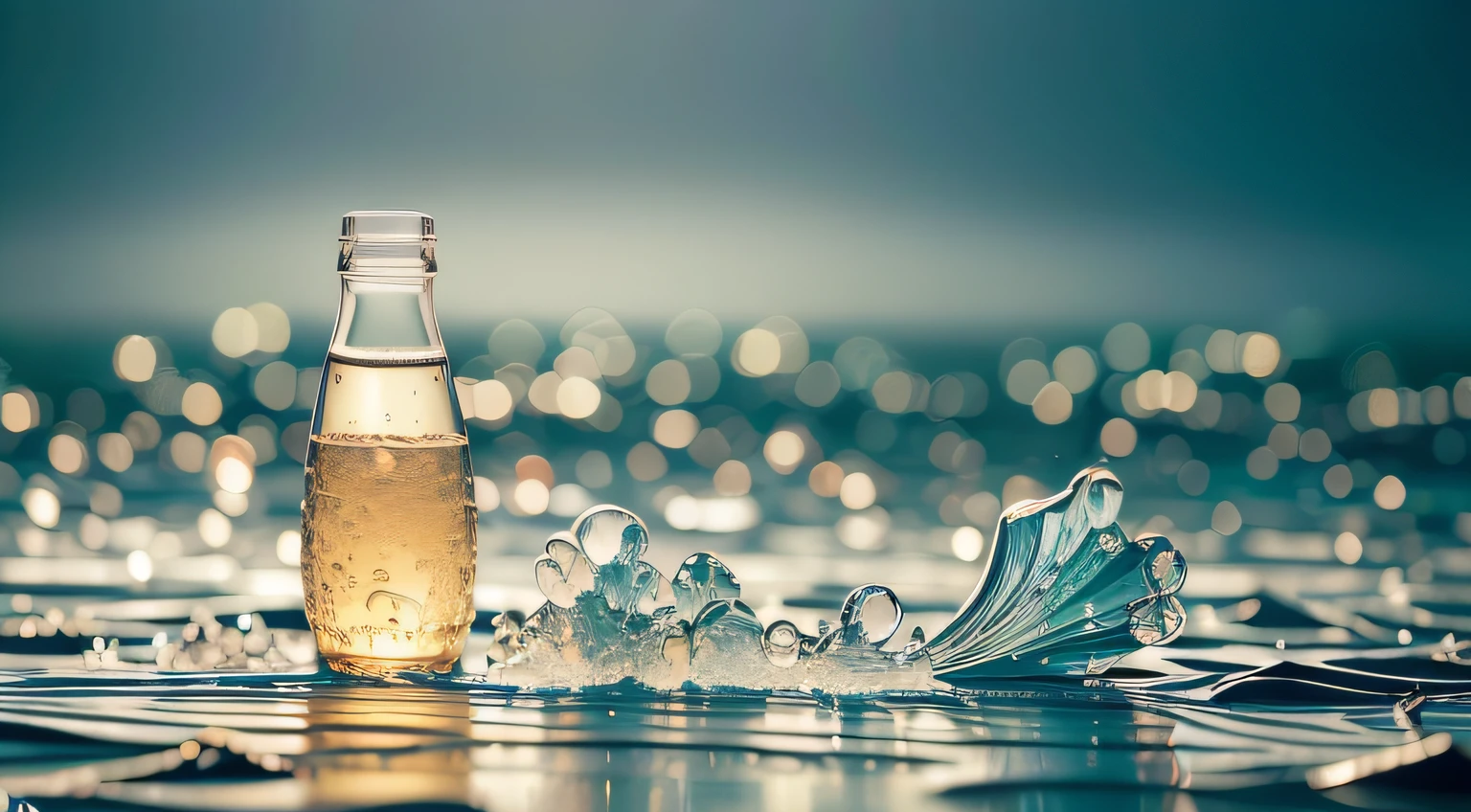 A bottle of mineral water in an ocean scene，There are waves of flowers ，sun beam，Event poster，618 event celebration a few words commercial photography realistic，Complicated details，32K，telephoto lenses，Sony lens