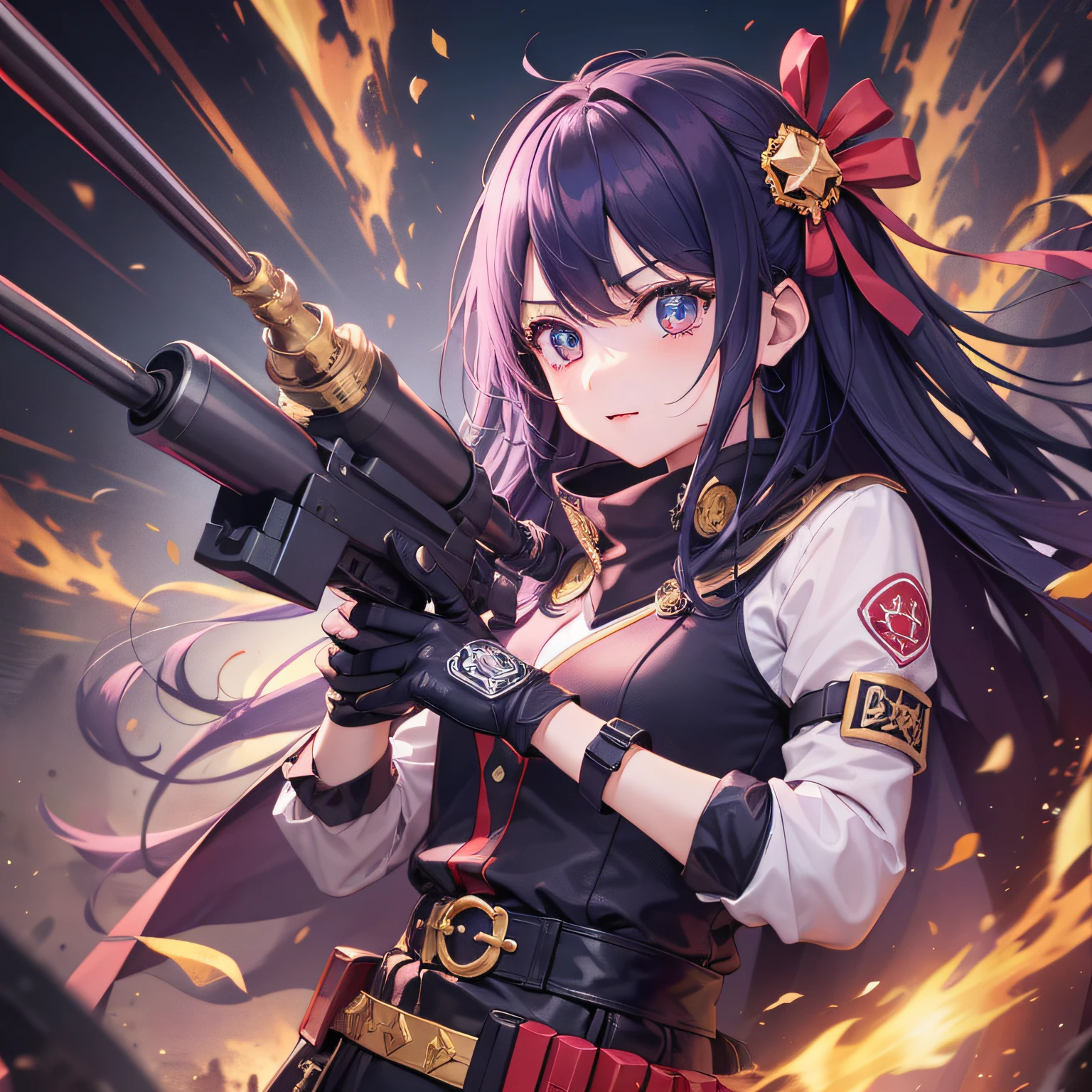 шедевр、beste-Qualit、beste-Qualit、Official Art、Beautifully Aesthetic、
1girl in、Gatling gun、Shell casing、lookig at viewer、bangss、ammo belt、gloves、opening fire、
Extremely detailled、highest details、Optical Mixing、Playful patterns、Lively textures、unique visual effect、