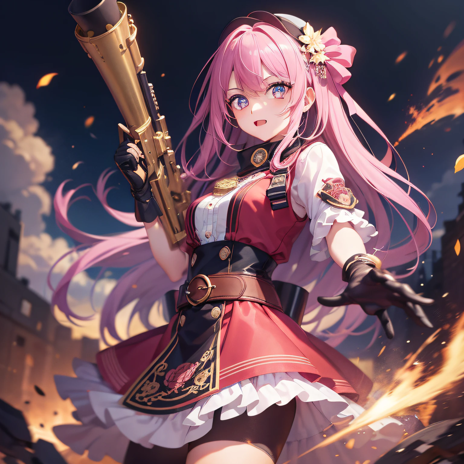 шедевр、beste-Qualit、beste-Qualit、Official Art、Beautifully Aesthetic、
1girl in、Gatling gun、Shell casing、lookig at viewer、bangss、ammo belt、gloves、opening fire、
Extremely detailled、highest details、Optical Mixing、Playful patterns、Lively textures、unique visual effect、