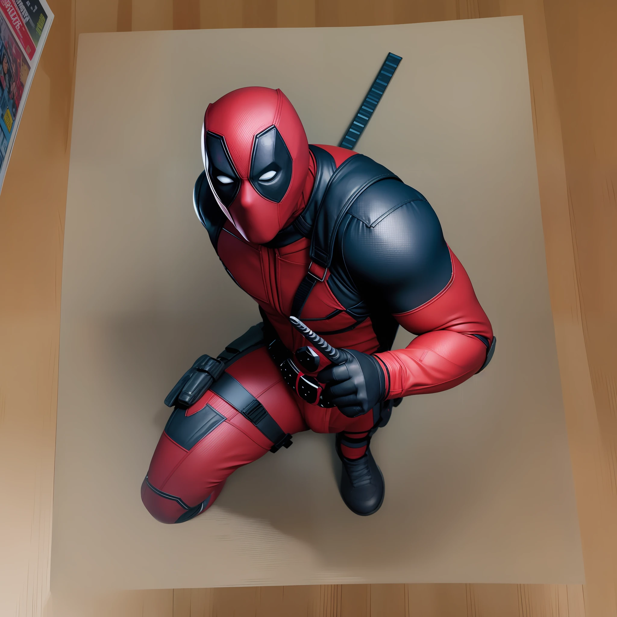 Full body 80s style comic book deadpool in action pose with thick white outline and sticker look