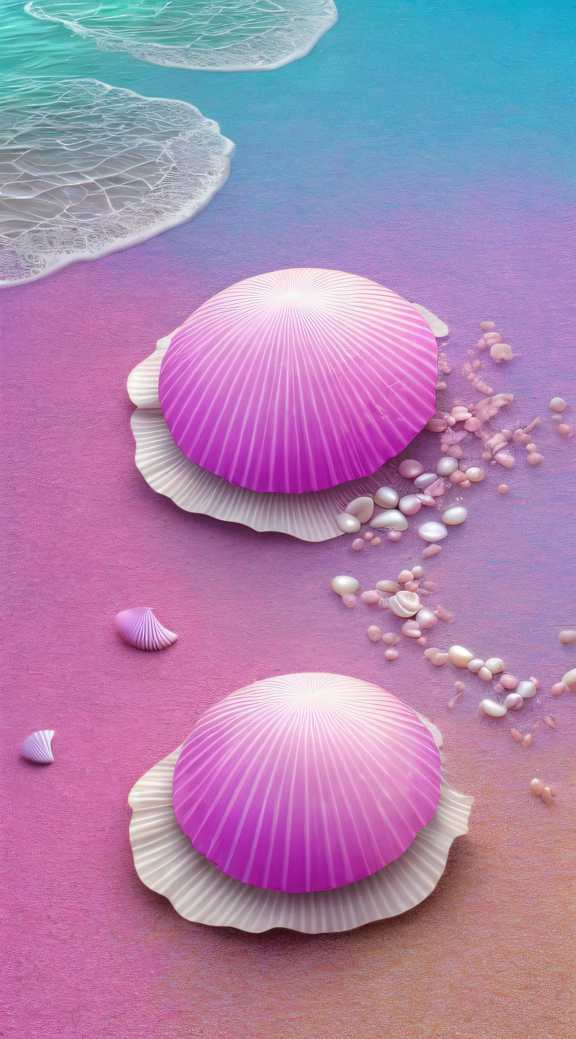 (8k, RAW photo, best quality, masterpiece: 1.2), (realistic, realistic: 1.37) There are many pink shells on the beach, there is water, pearl, pearl and shell, soft spill, pearlization, pink jellyfish everywhere, soft 3D rendering, ethereal bubbles, bubble landscape, Iray shader, soft pink, pink reflection, pearl sky, shells, paradise pink, pastel colors, pink pastels
