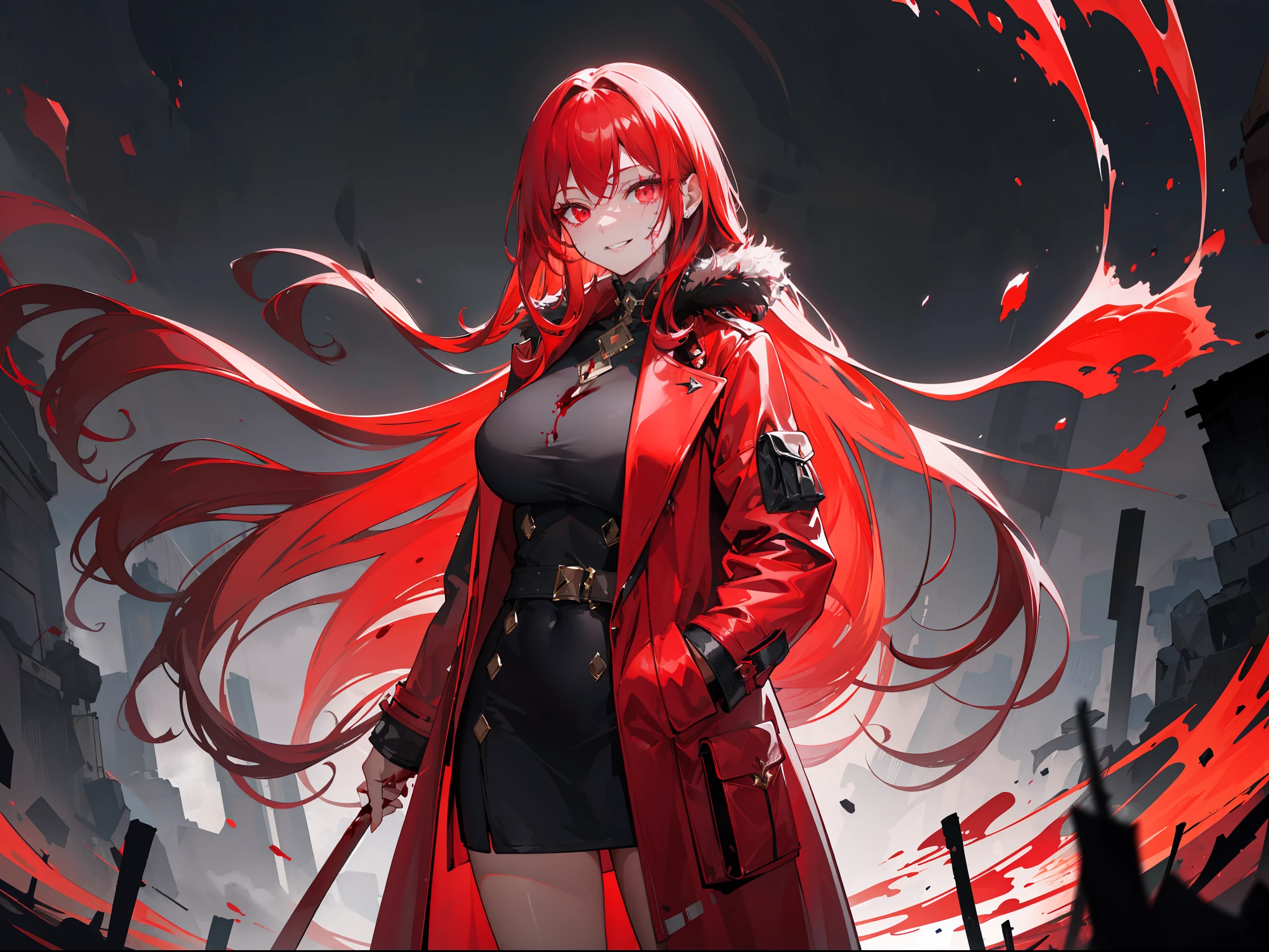 "Epic dark atmosphere, stunning 4k artwork featuring a milf with confident long red hair and glowing red eyes with gently smile, she wear red villain coat, standing proudly and filled with an aura of majesty, her face full of blood and smiled horribly"