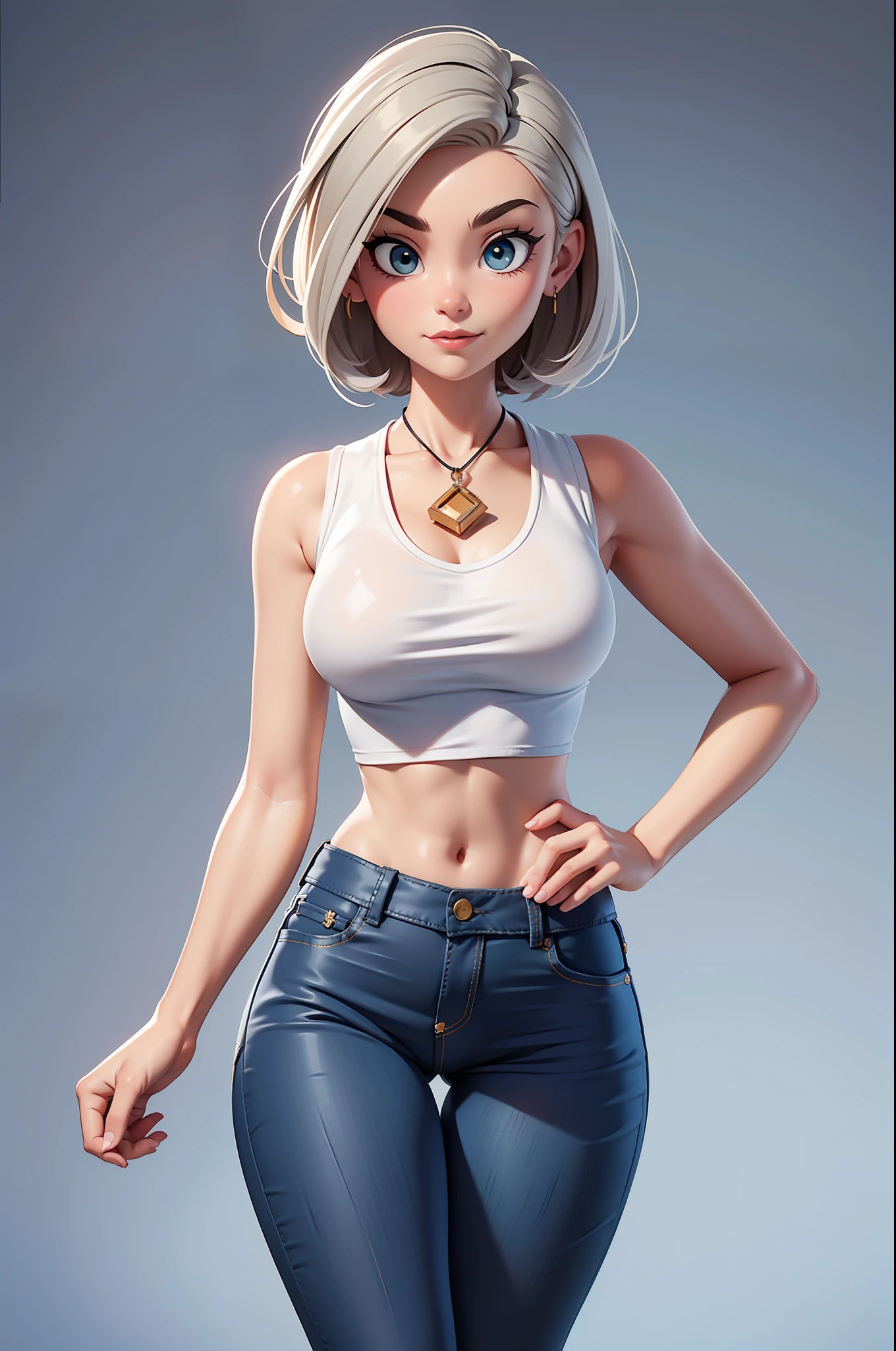 Super sexy Maria dressed (Low-cut and tight (Flared jeans)), ((White crop top top:1.5) Vest with exposed neckline), Short hair, gray hair, photorealestic, photography of, (A high resolution), (realisticlying:1.4), (very intricate), (exquisitedetails), highly detaile, A high resolution, Original, Extremely detailed 8K wallpaper, Best Quority, Detailed face, hyper detailled, OriginalPhoto, realisticlying, (thigh gap:1.5)