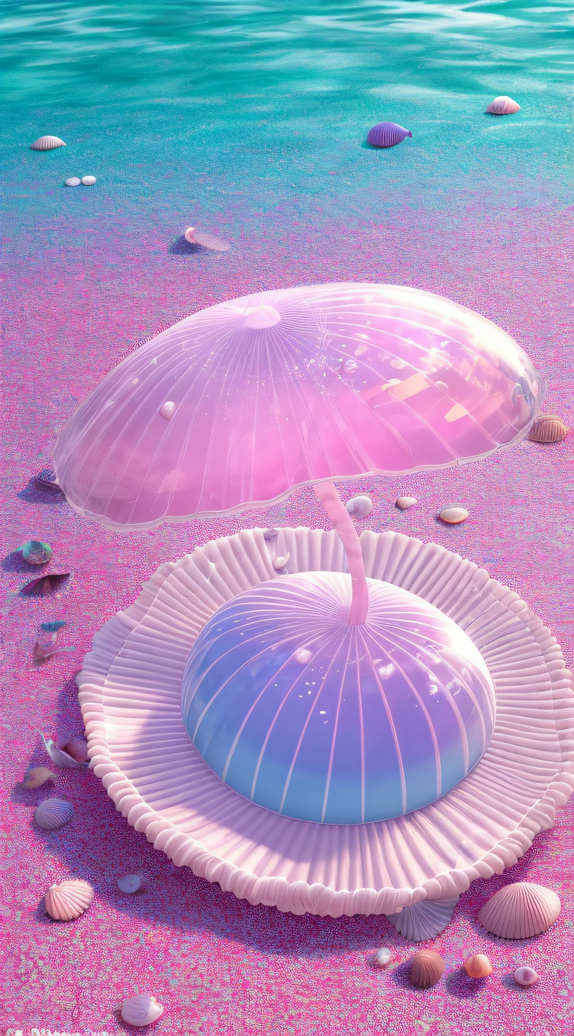(8k, RAW photo, best quality, masterpiece: 1.2), (realistic, realistic: 1.37) There are many pink shells on the beach, there is water, pearl, pearl and shell, soft spill, pearlization, pink jellyfish everywhere, soft 3D rendering, ethereal bubbles, bubble landscape, Iray shader, soft pink, pink reflection, pearl sky, shells, paradise pink, pastel colors, pink pastels