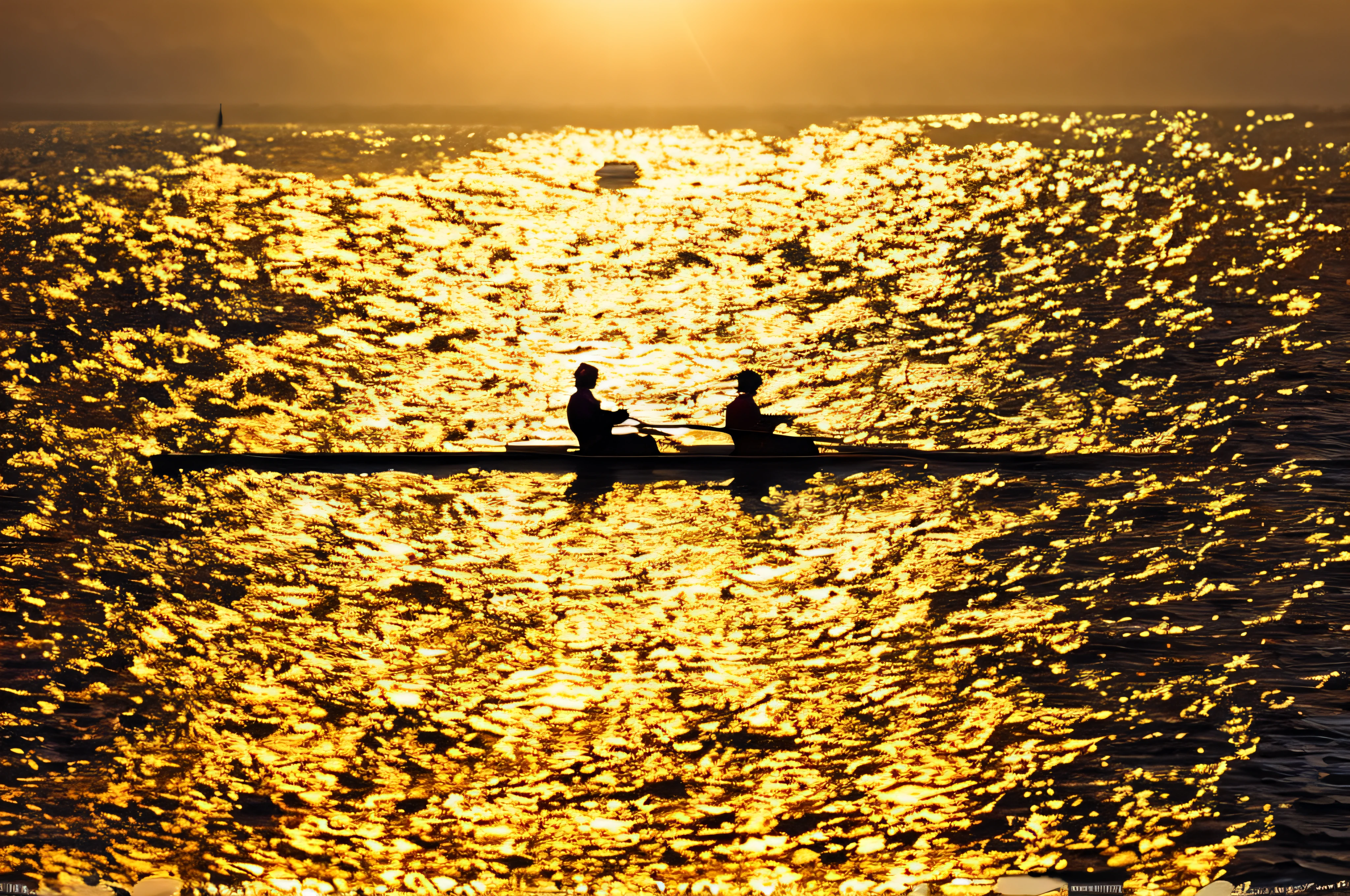 there is a man rowing a boat in the water at sunset, on a reflective gold plate, sculls, bathed in golden light, Rowing Boat, at golden hour, morning glow, winning photo, prize winning, golden glow, glare on the water, warm glow, liquid gold, at golden hour, treading on calm water, the golden hour"
