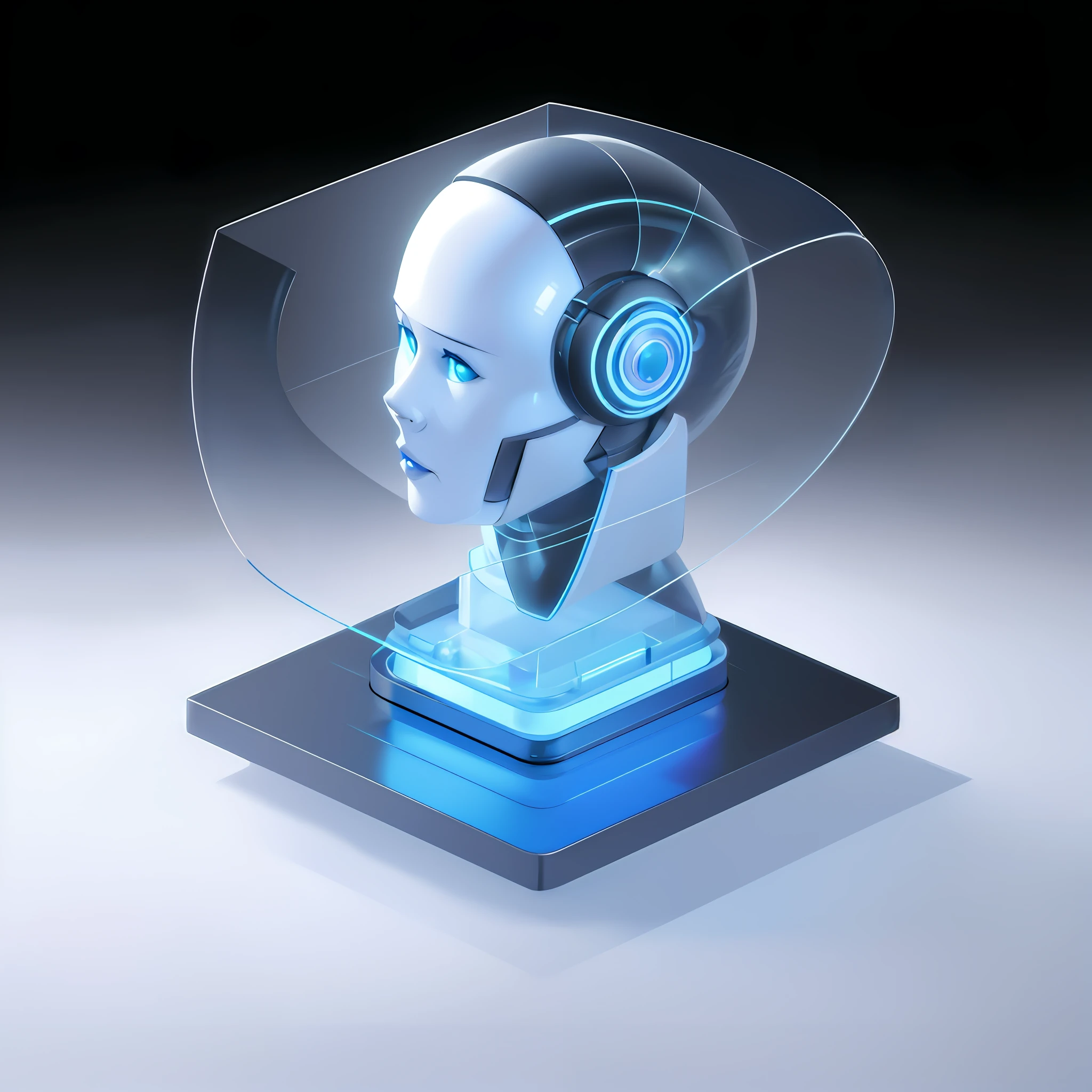 There is a futuristic head，There is blue light on it, Robot head, robot with human face, portrait of a futuristic robot, robotic bust, portrait of an android, integrated synthetic android, portrait of an android, cybernetic head, portrait of female android, portrait of female android, strong artificial intelligence, Robot face, portrait of a robot