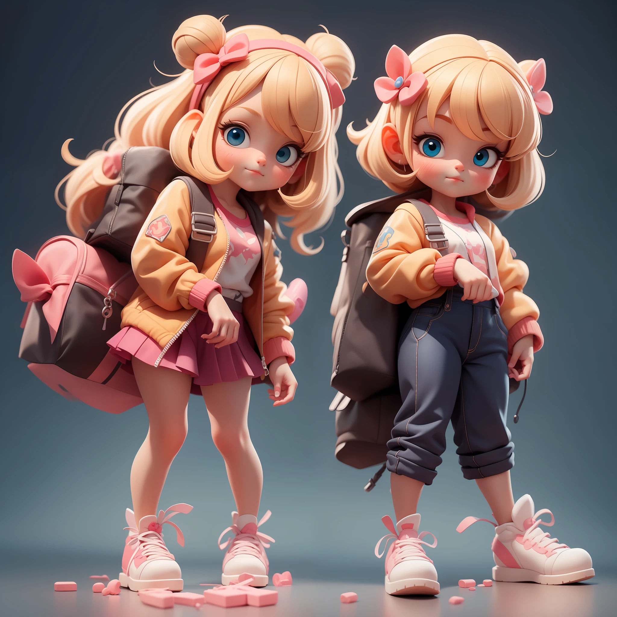 a Super cute girl,All body in,Water gun in hand,Dreamy cute hair accessories Popmart blind box,Clean bright background 3D rendering,