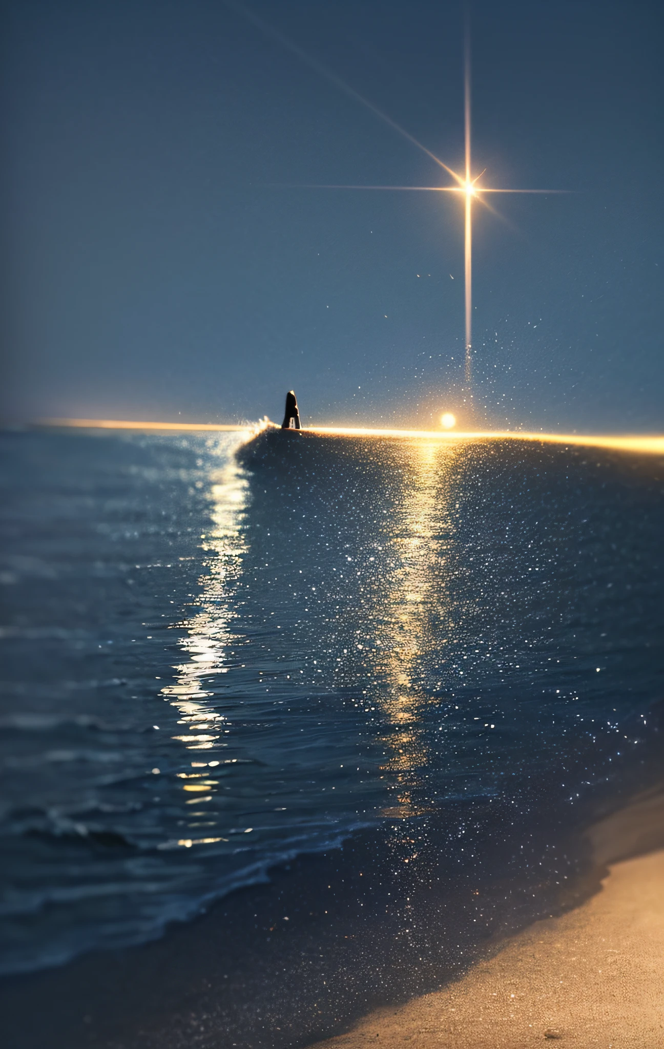 (moonlit night),(on the beach,crashing waves),(dramatic lighting),(silhouettes),(sparkling sand),(peaceful and relaxing atmosphere)